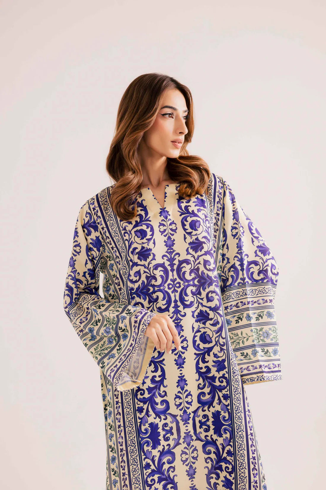2PC Royal Blue & Ivory Printed Kaftan