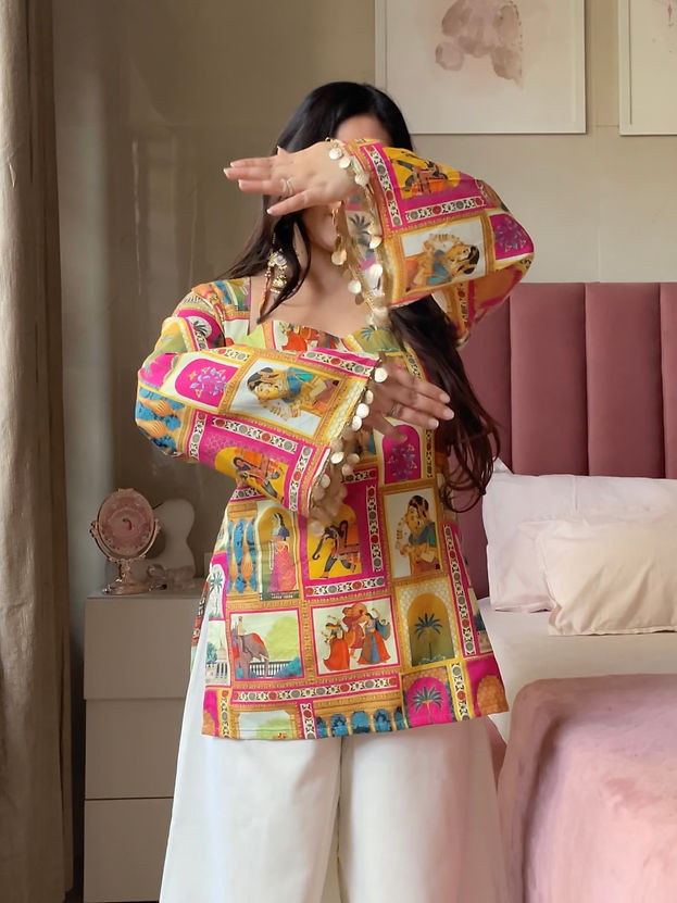 2pc Printed Kurta Set (Beige +Pink)
