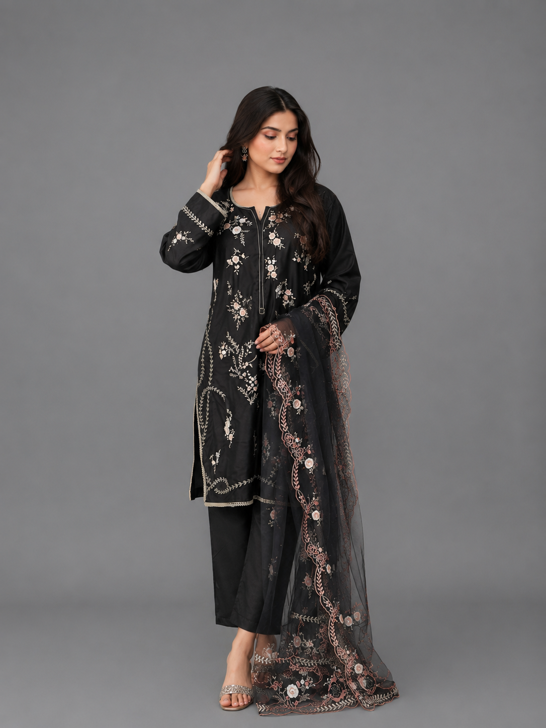 Elegant Black Embroidered 3-Piece Suit