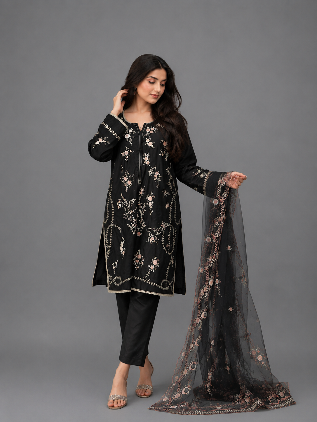 Elegant Black Embroidered 3-Piece Suit