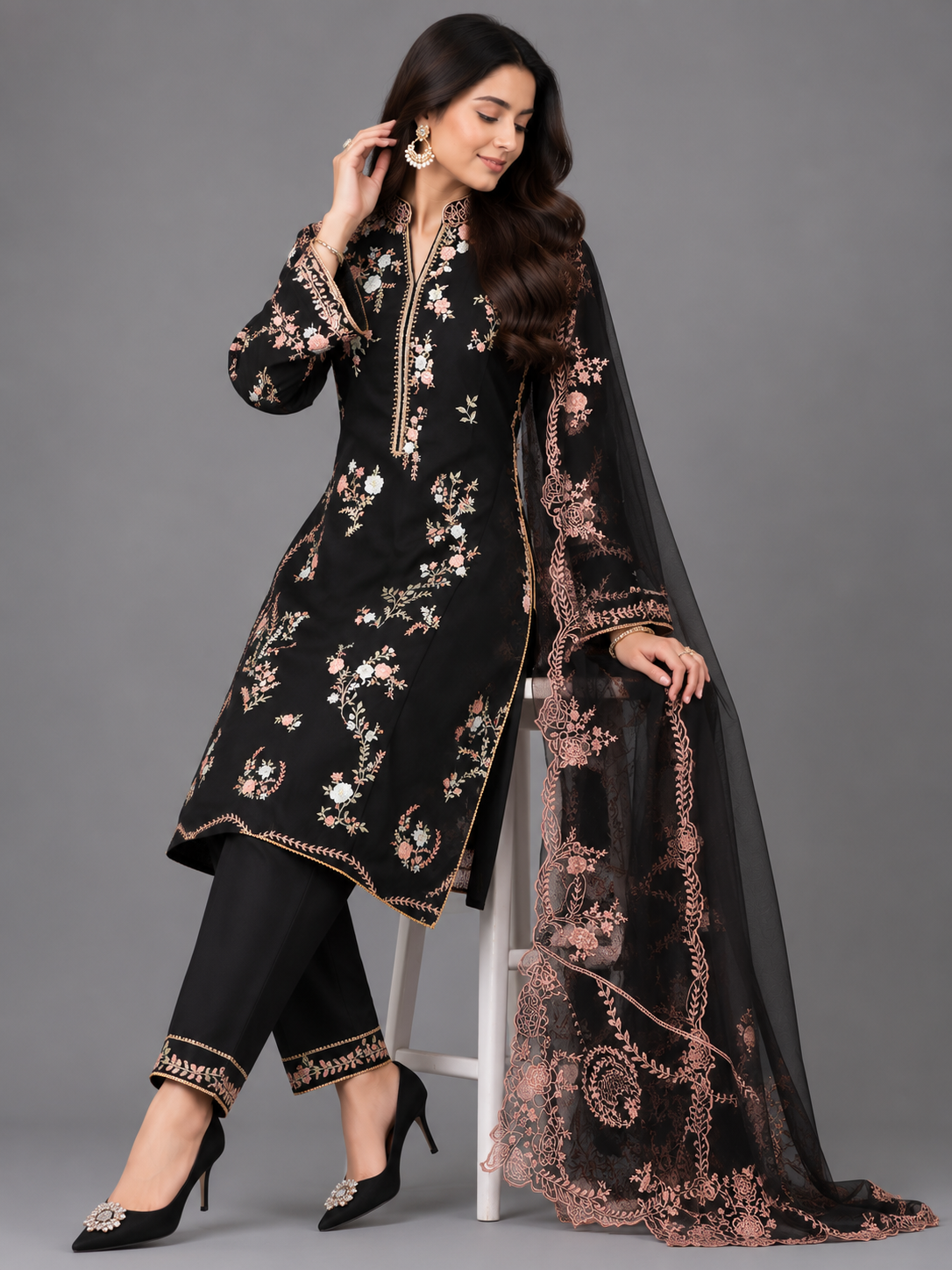 Luxury Black Embroidered 3-Piece Suit