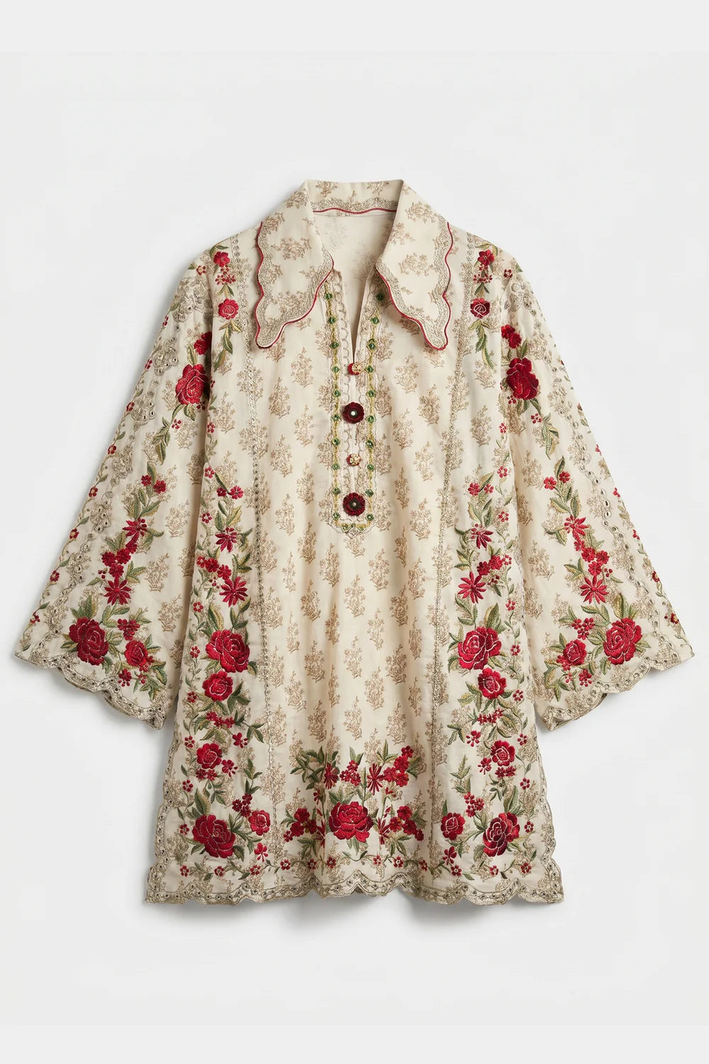 Off-White Floral Printed Lawn Kurta with Rust Printed Palazzo