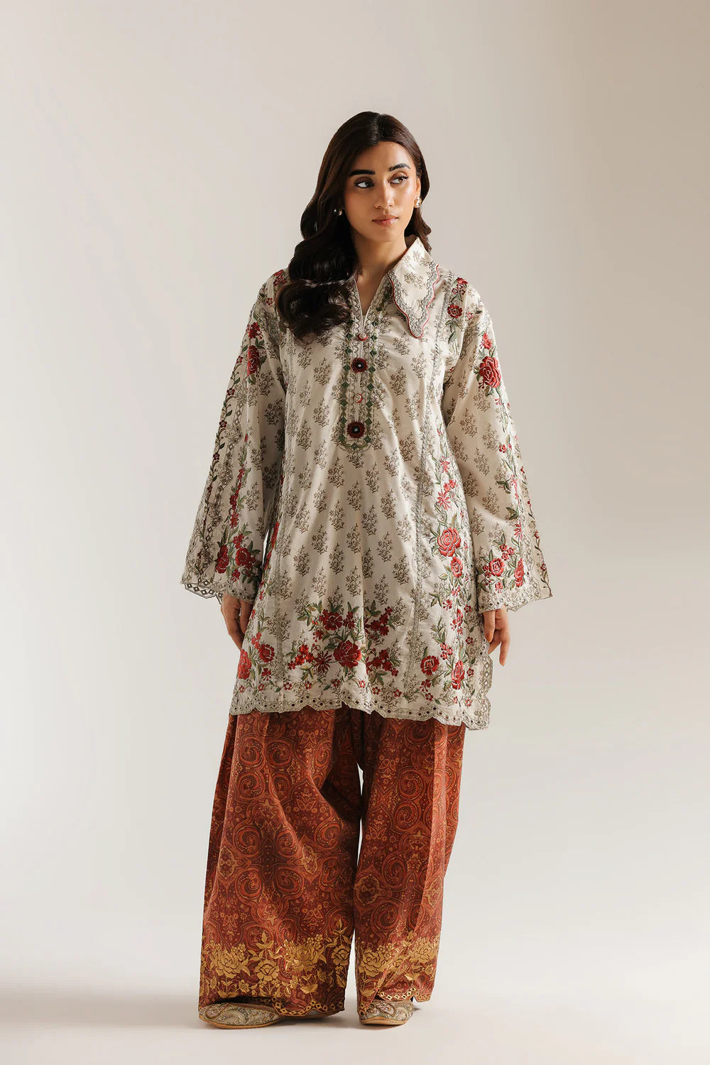Off-White Floral Printed Lawn Kurta with Rust Printed Palazzo