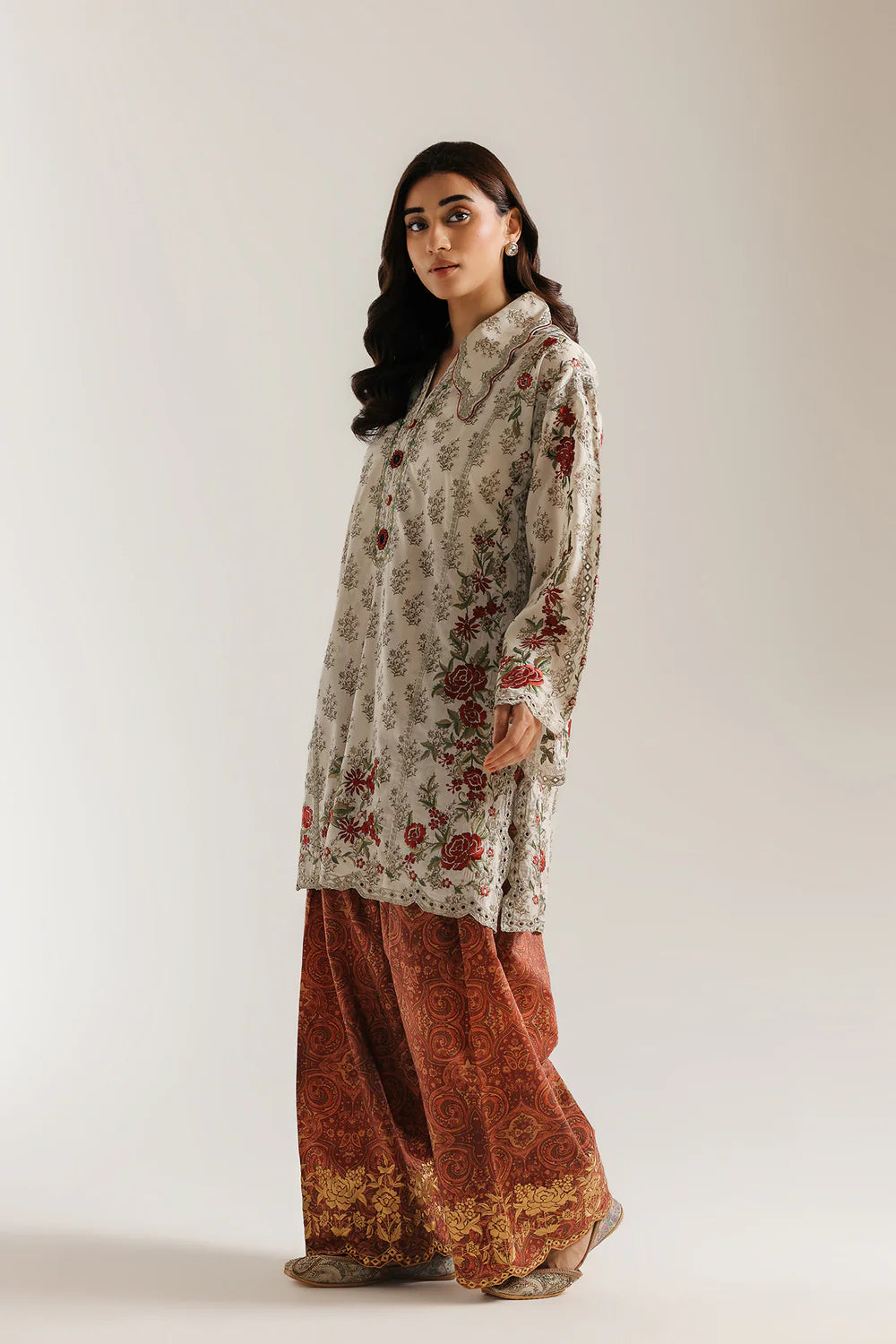 Off-White Floral Printed Lawn Kurta with Rust Printed Palazzo