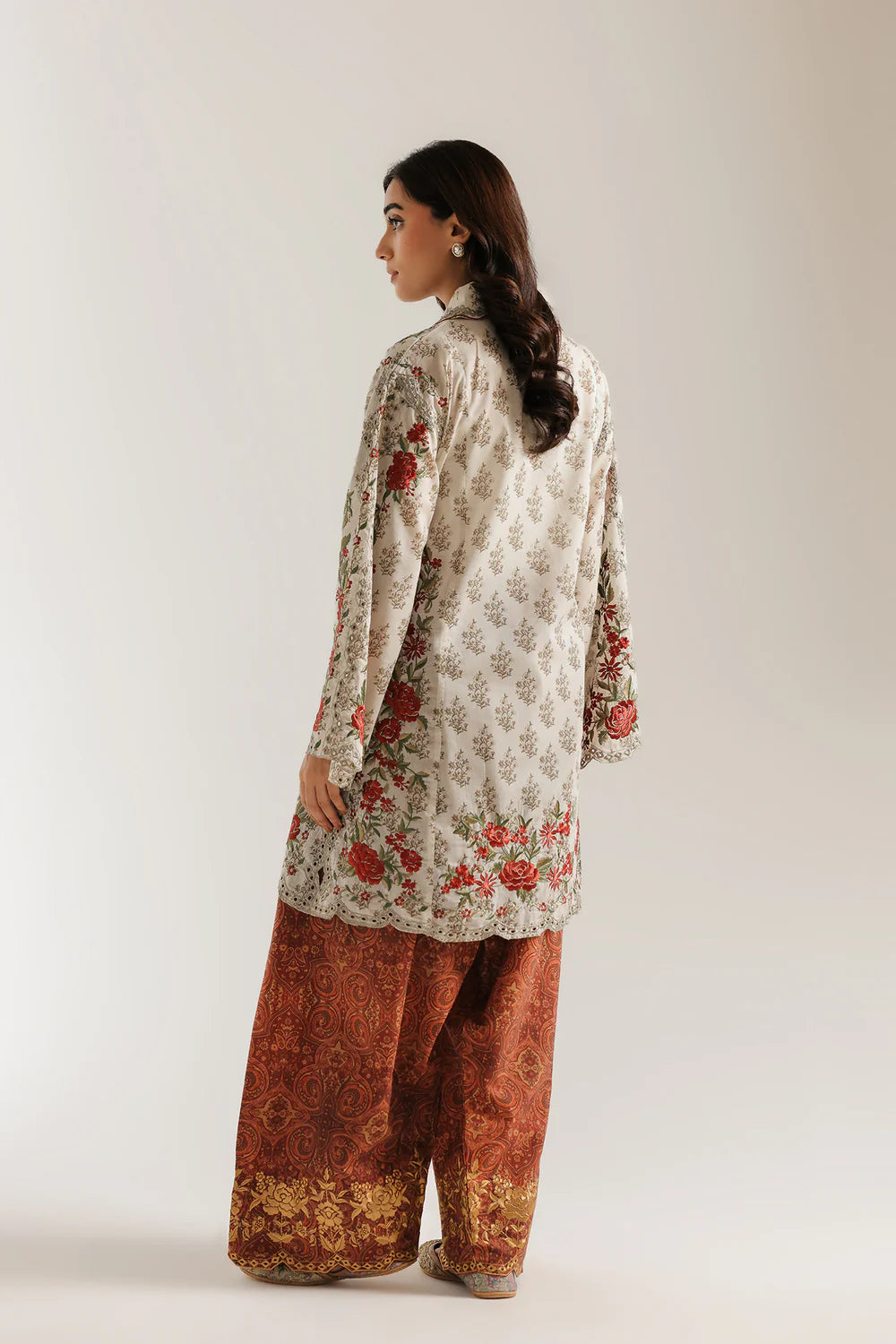 Off-White Floral Printed Lawn Kurta with Rust Printed Palazzo