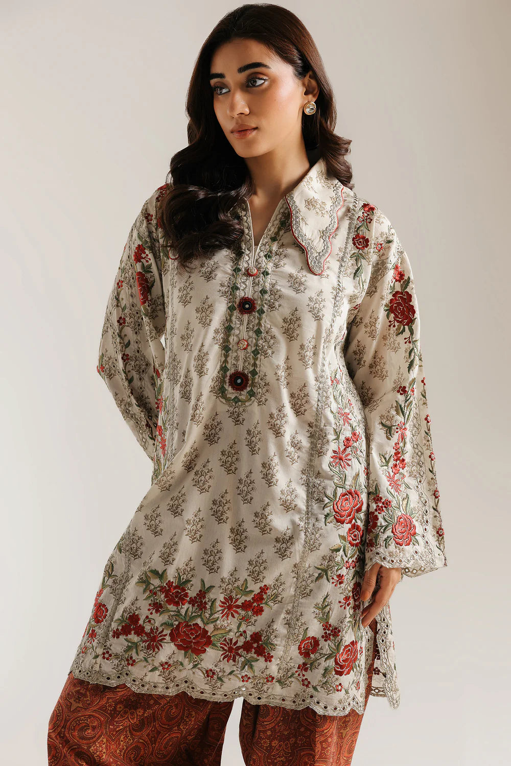 Off-White Floral Printed Lawn Kurta with Rust Printed Palazzo