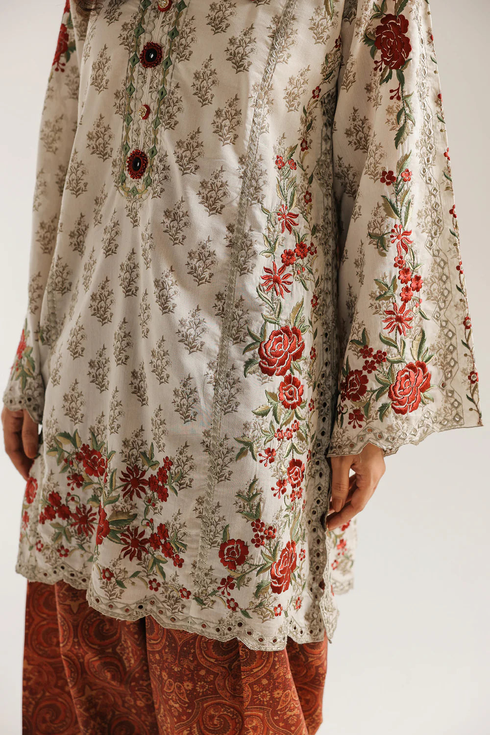Off-White Floral Printed Lawn Kurta with Rust Printed Palazzo
