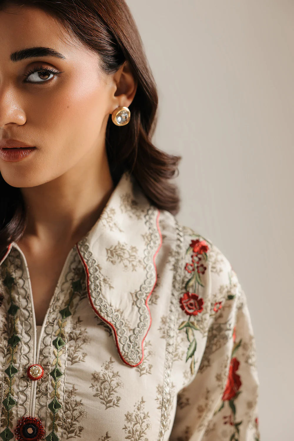 Off-White Floral Printed Lawn Kurta with Rust Printed Palazzo