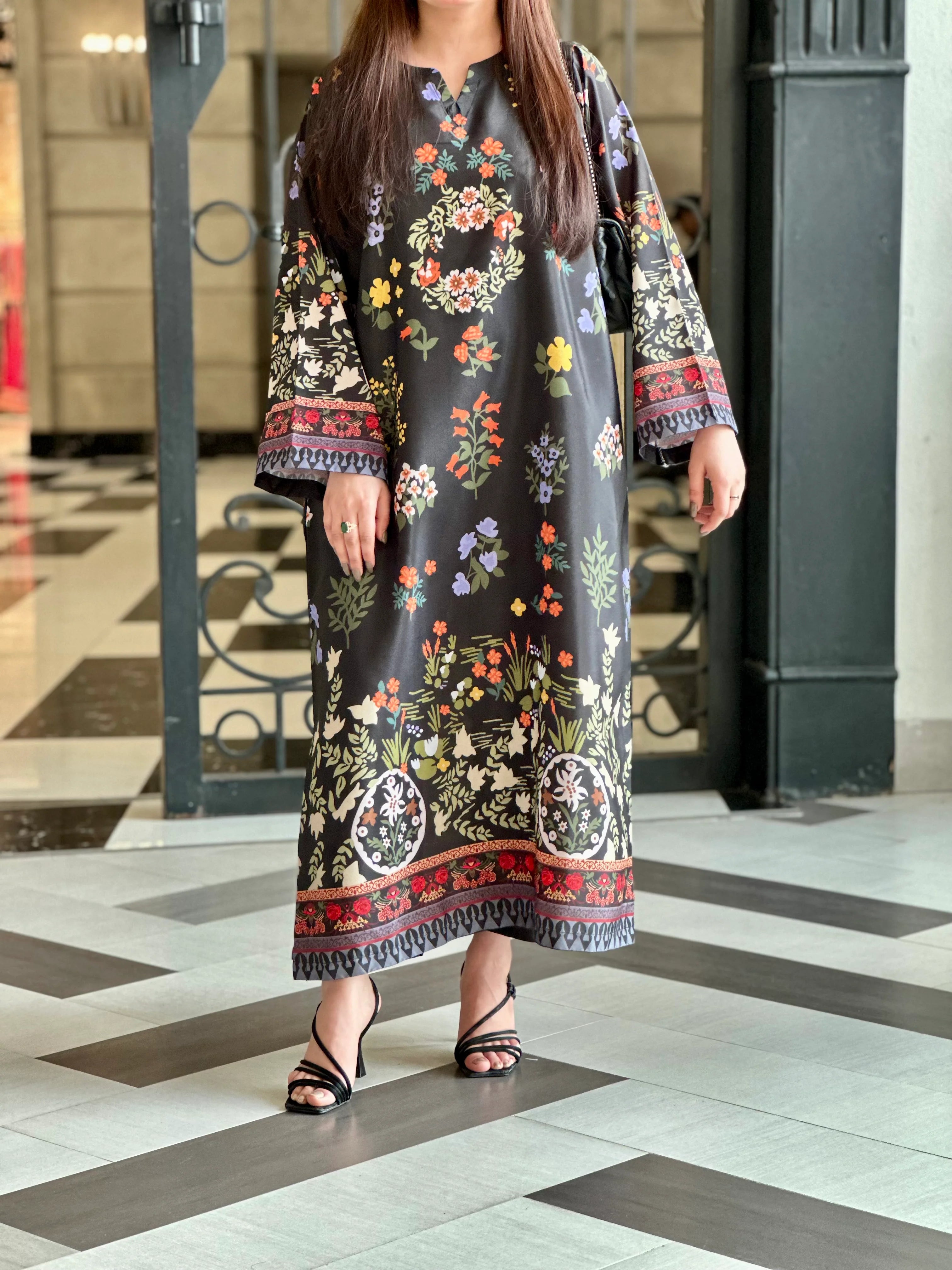 2PC Midnight Black Floral Printed Kaftan