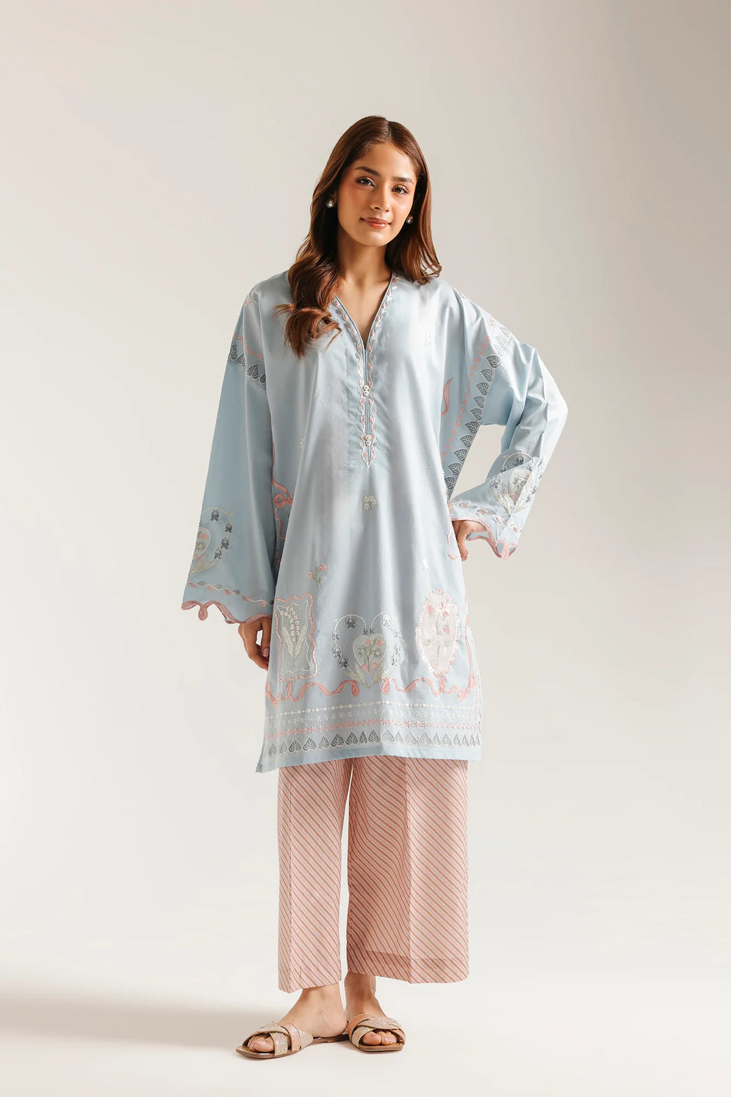 Elegant Sky Blue Embroidered Lawn Kurta with Printed Trouser