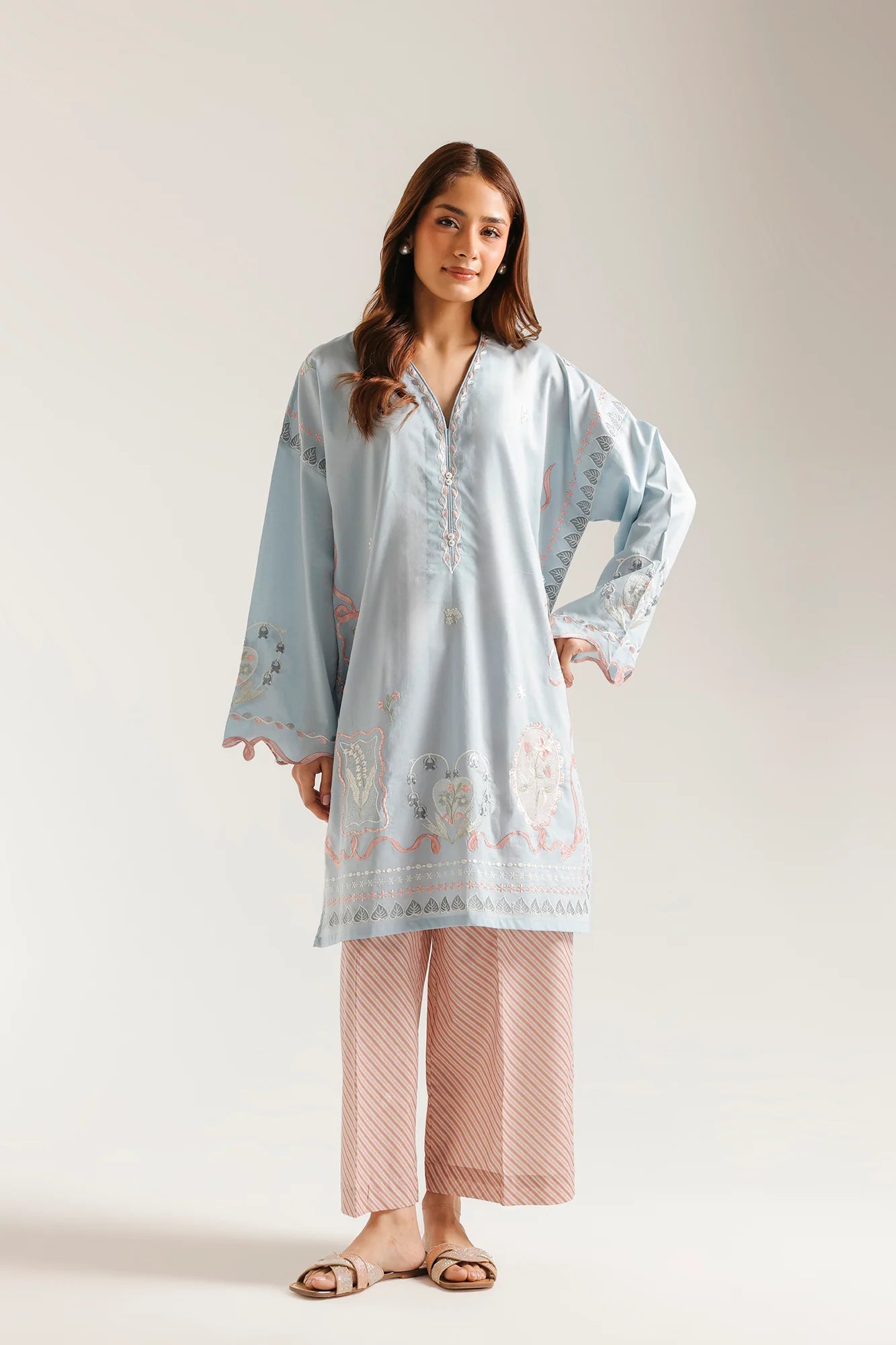 Elegant Sky Blue Embroidered Lawn Kurta with Printed Trouser