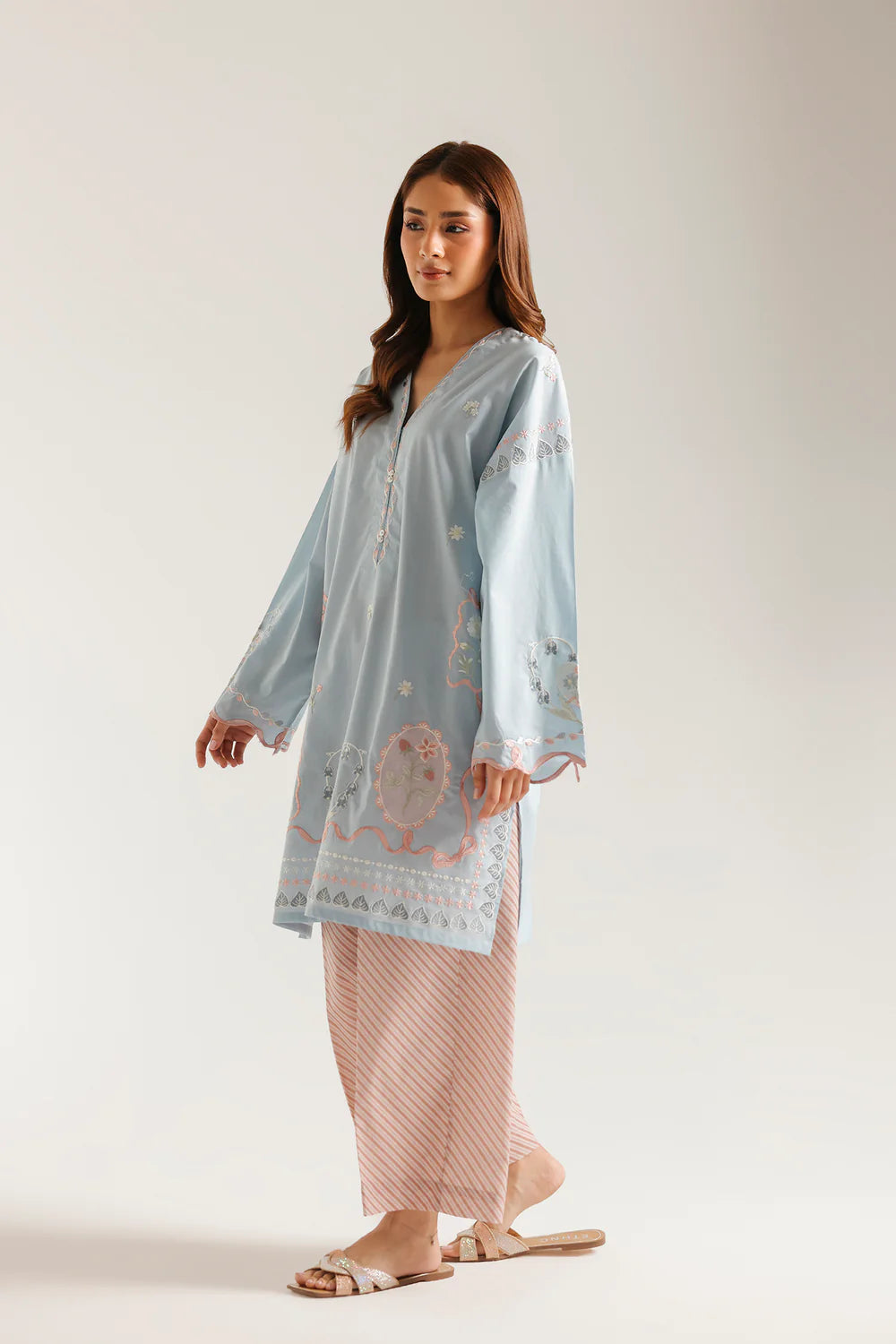 Elegant Sky Blue Embroidered Lawn Kurta with Printed Trouser