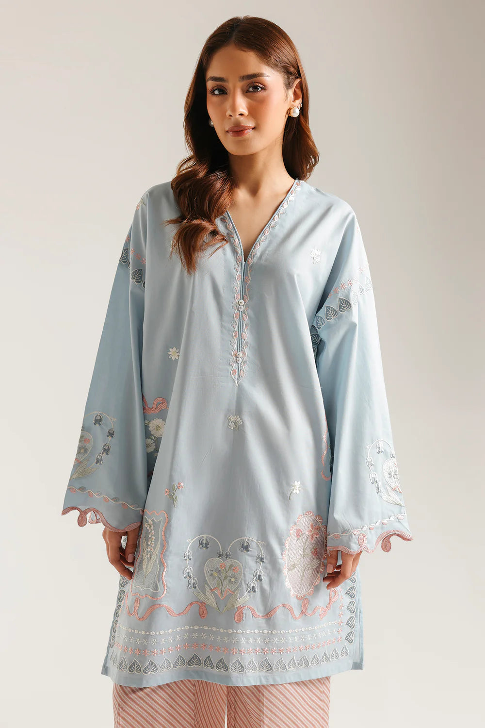 Elegant Sky Blue Embroidered Lawn Kurta with Printed Trouser