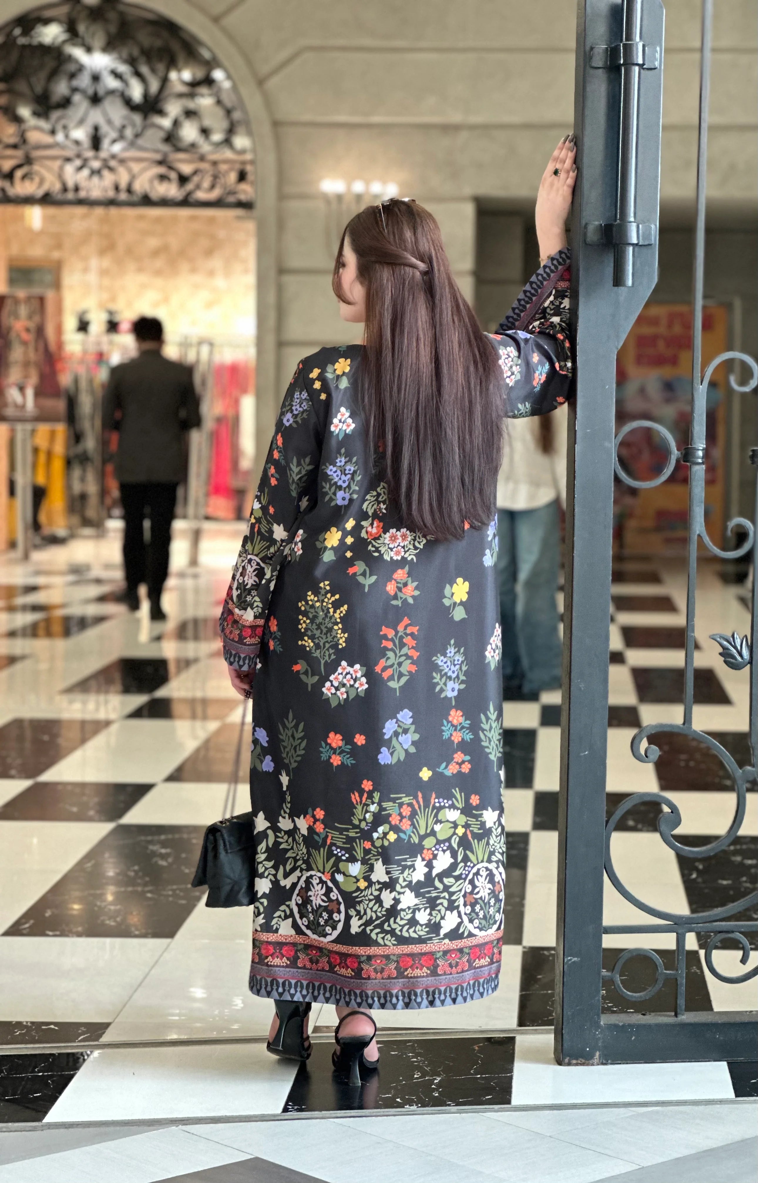 2PC Midnight Black Floral Printed Kaftan