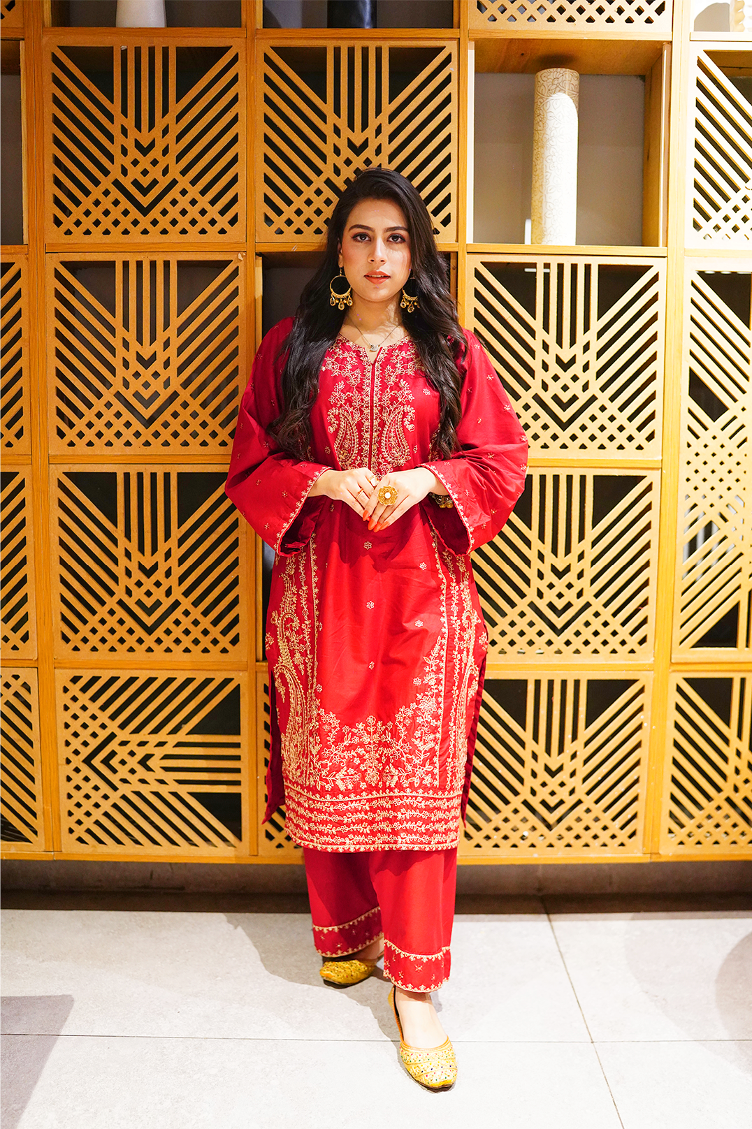 Elegant Red Embroidered 2PC