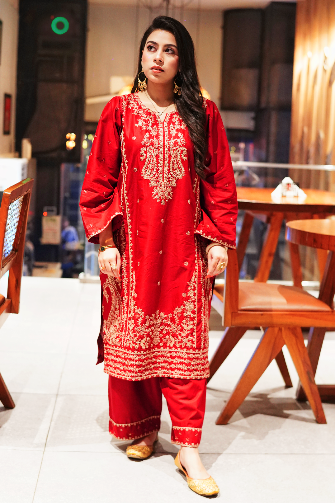 Elegant Red Embroidered 2PC