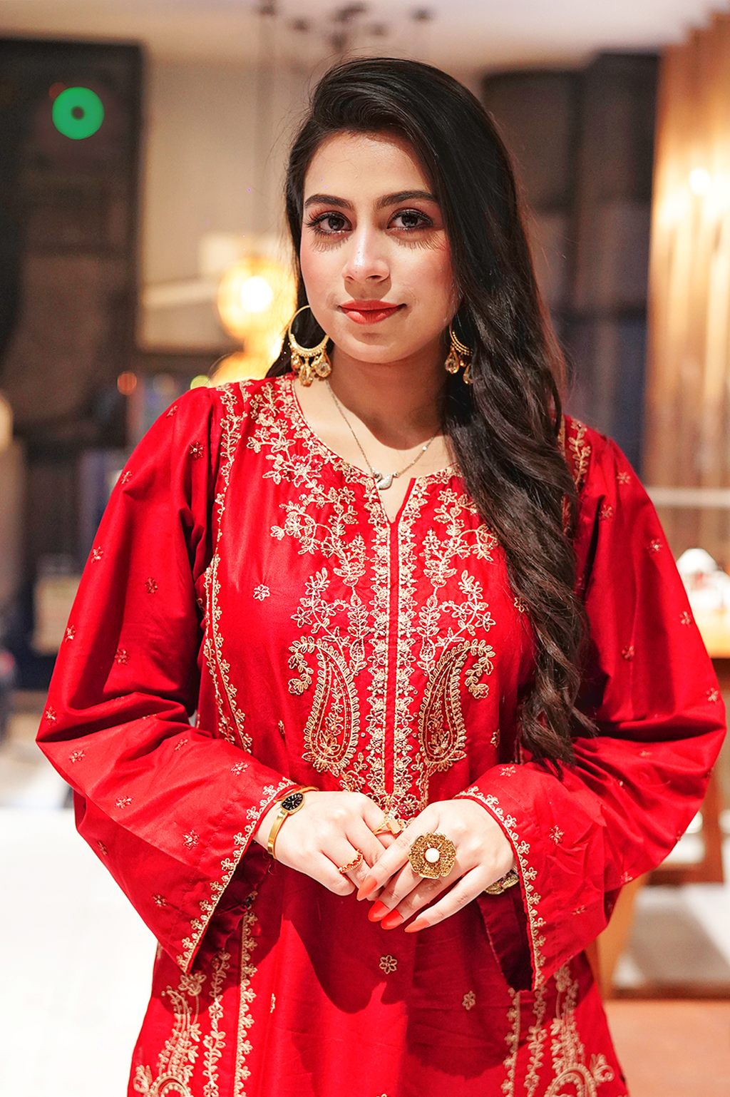 Elegant Ruby Red Embroidered 3-Piece