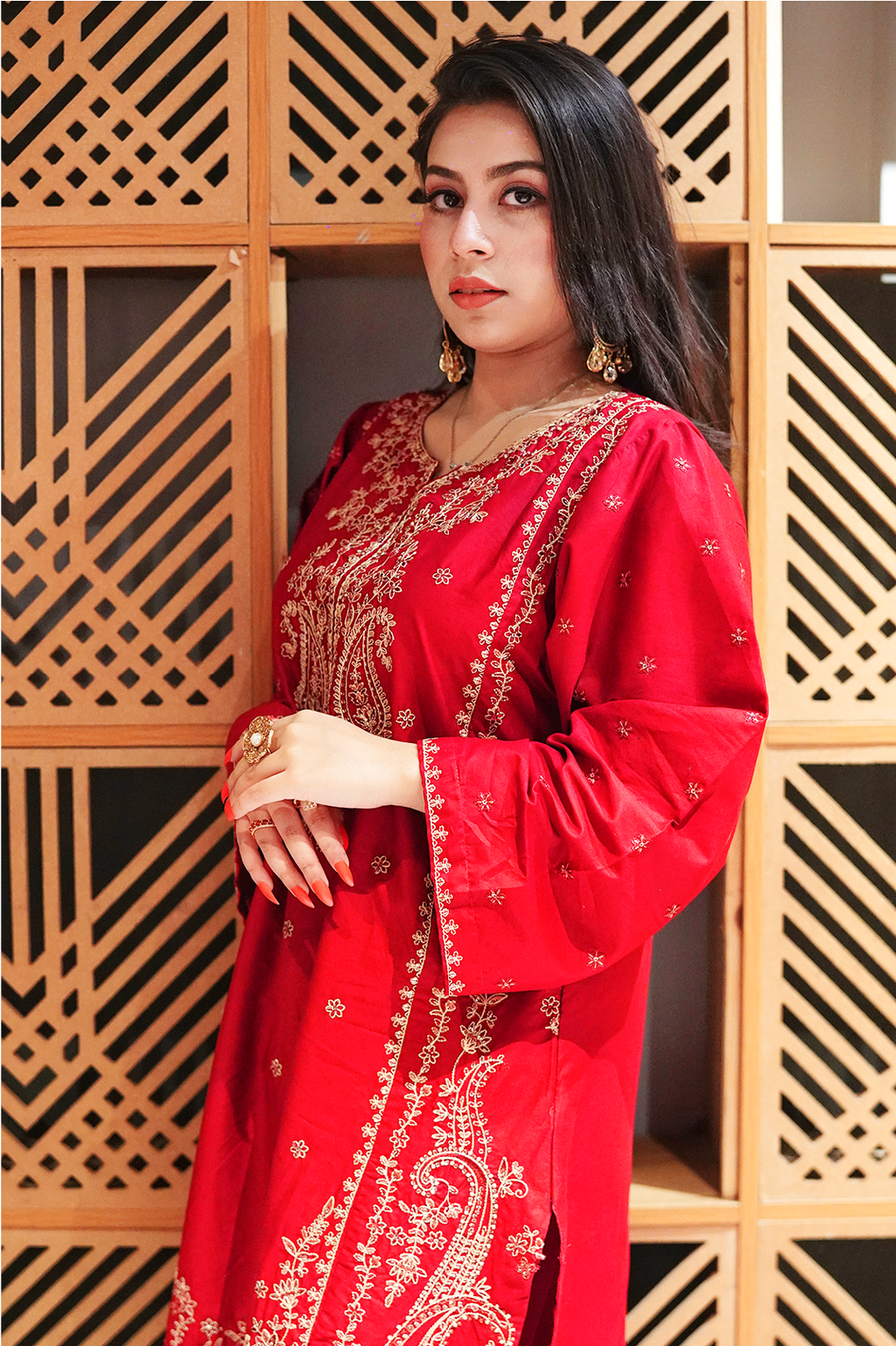 Elegant Red Embroidered 2PC