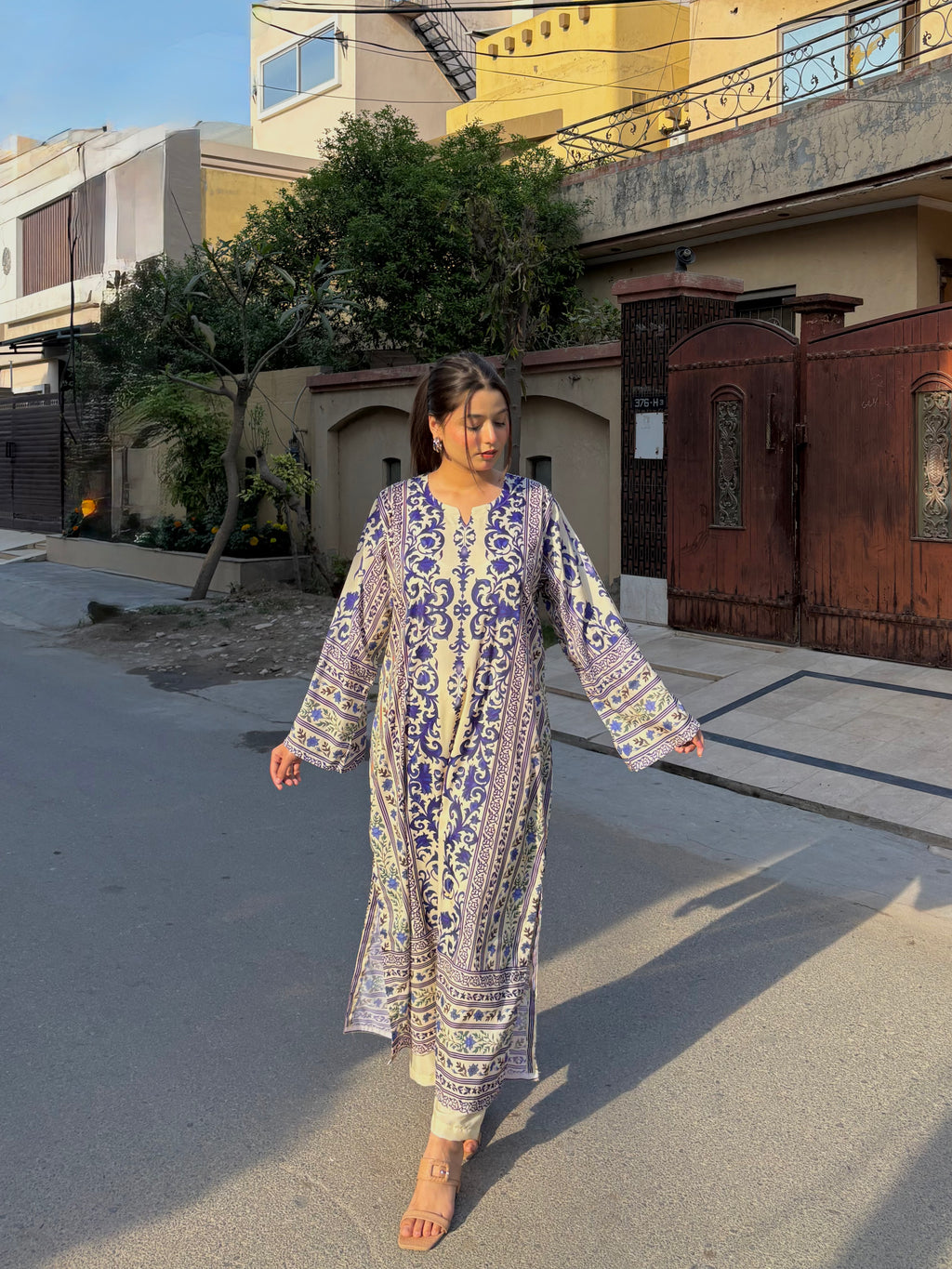 2pc Blue & White Printed Long Kurta Kaftan