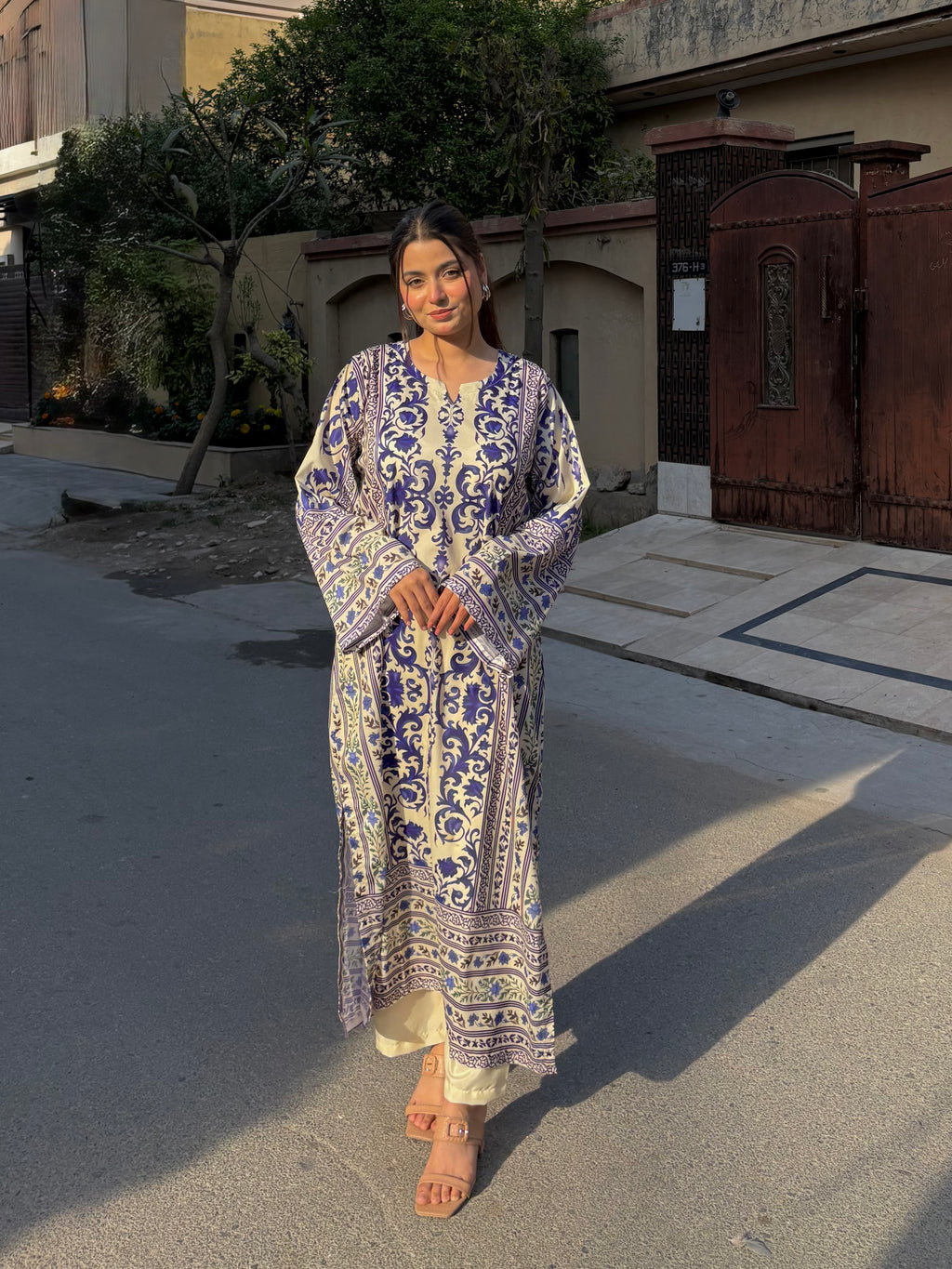 2pc Blue & White Printed Long Kurta Kaftan