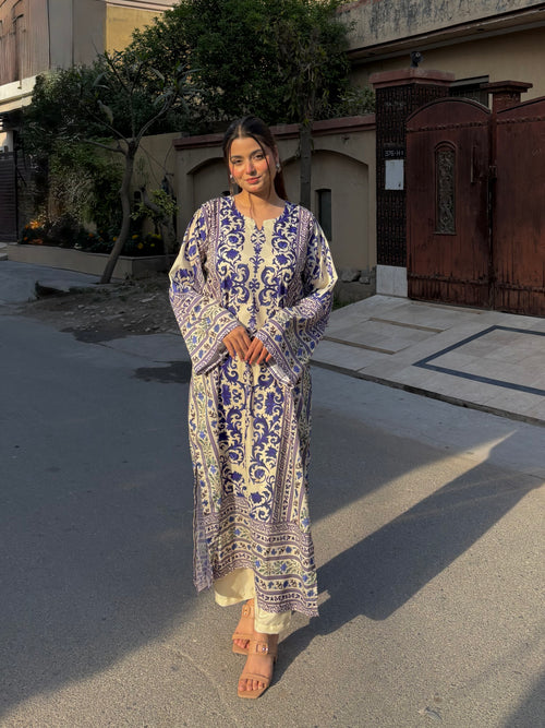 2pc Blue & White Printed Long Kurta Kaftan