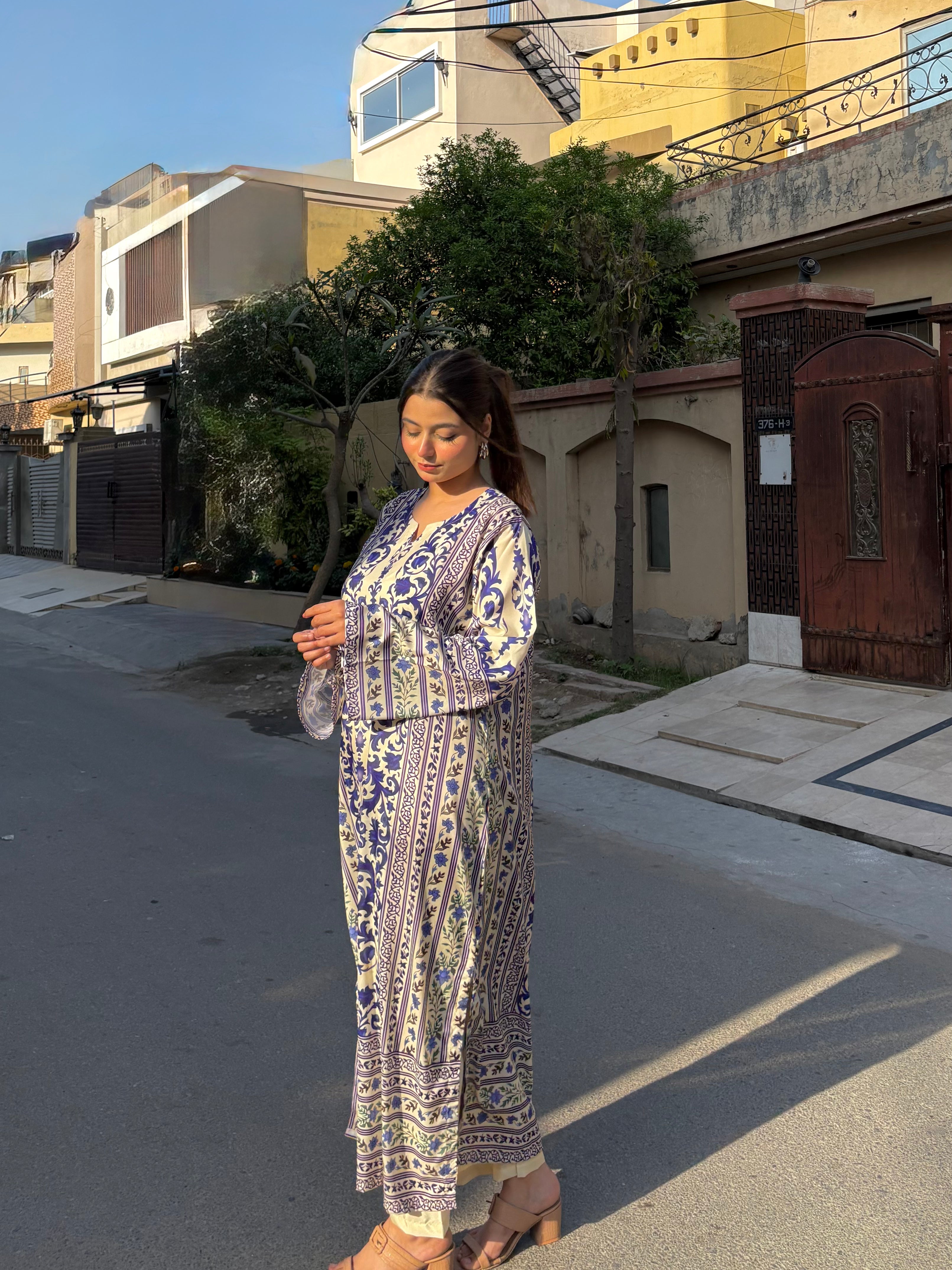 2pc Blue & White Printed Long Kurta Kaftan
