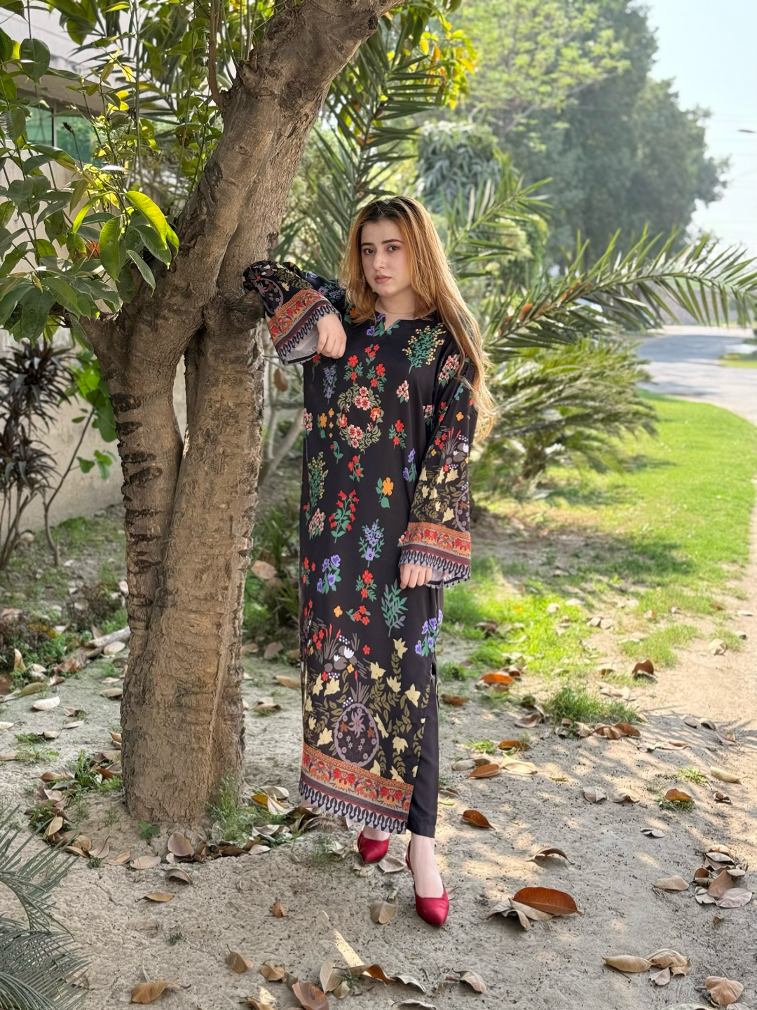 2PC- Black Floral Printed Kaftan