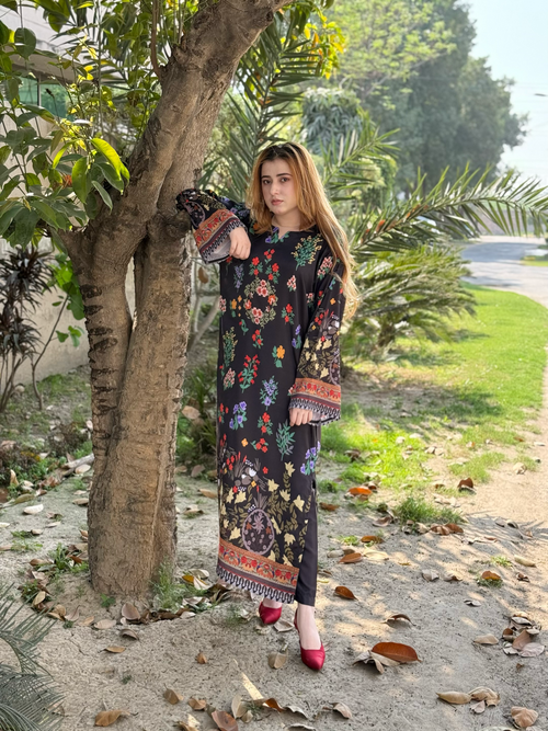 2PC- Black Floral Printed Kaftan