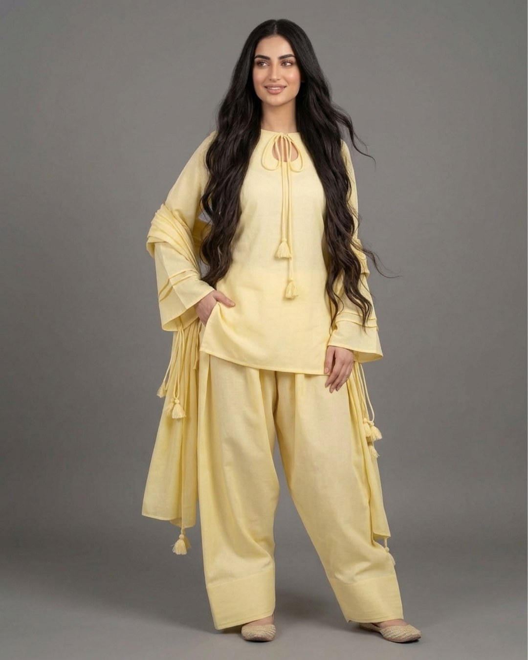 3PC- Golden Kurta Set Elegant Light Yellow Co-Ord Set