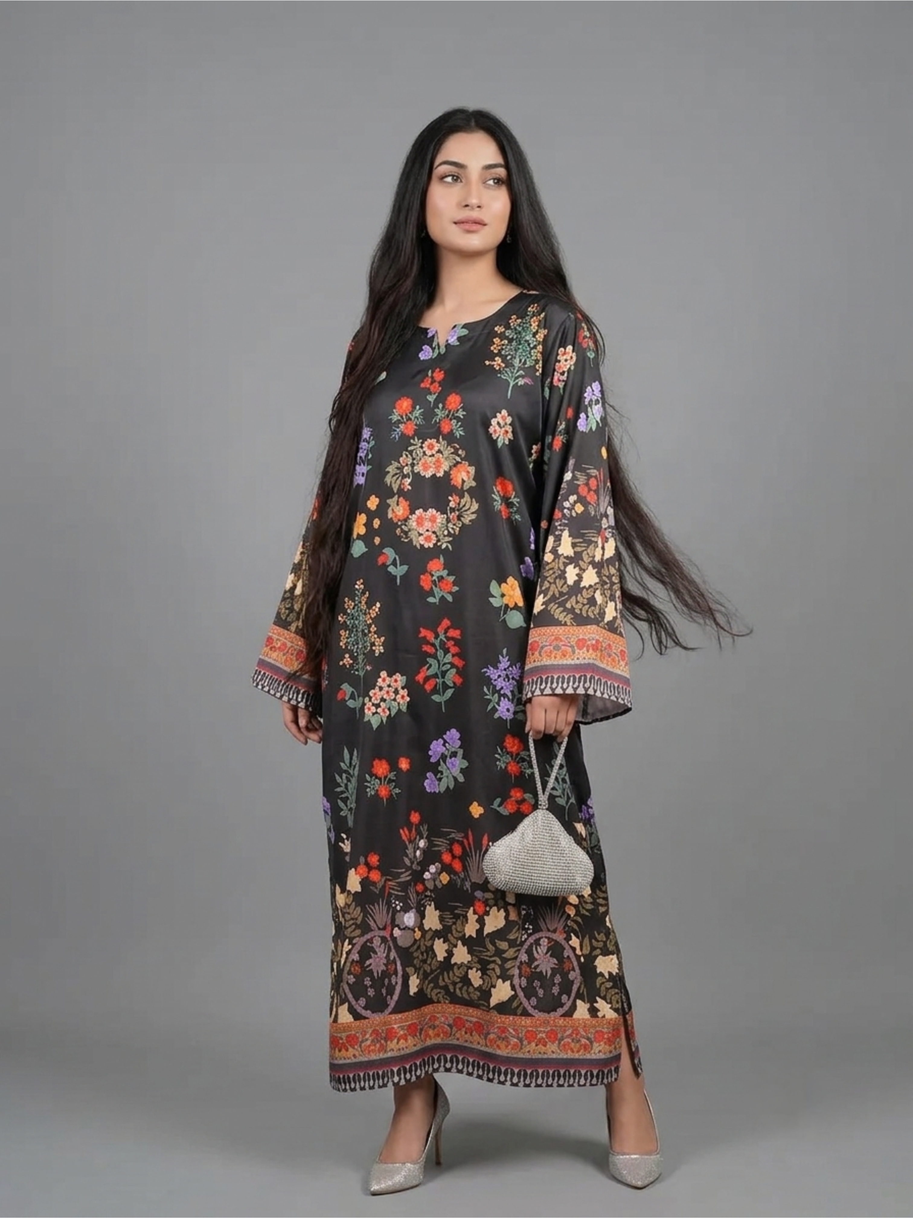 2PC- Black Floral Printed Kaftan