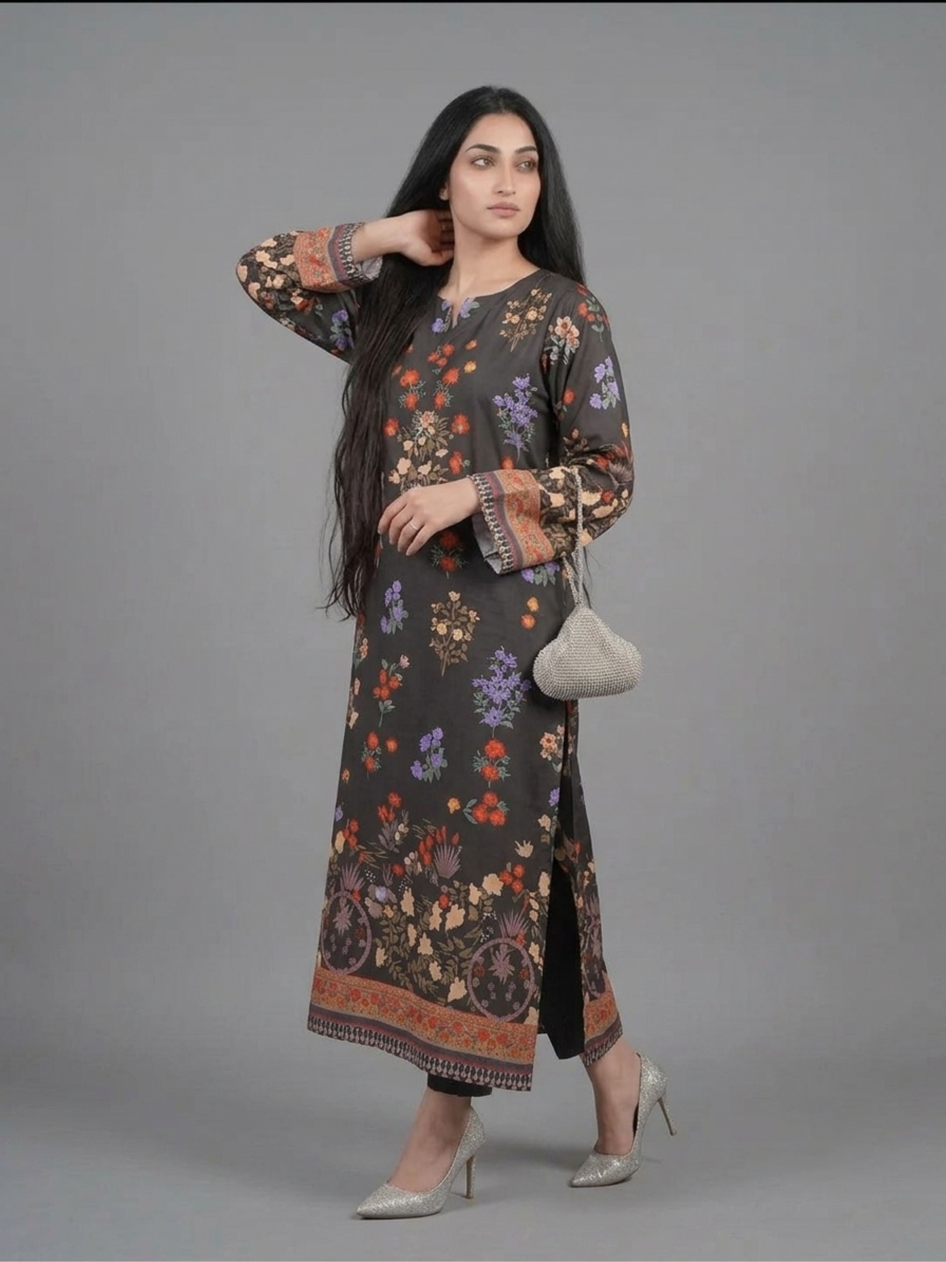 2PC- Black Floral Printed Kaftan