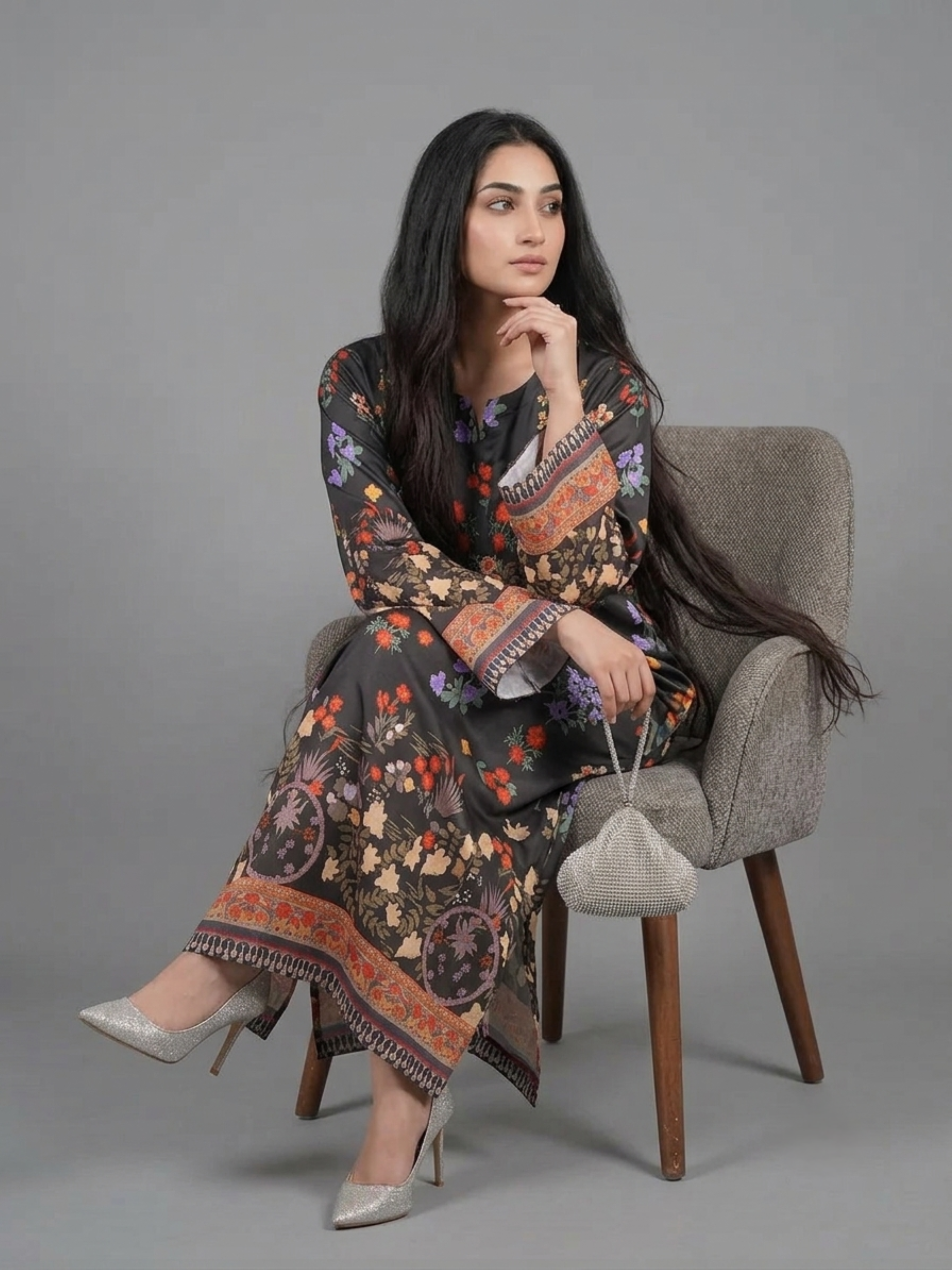 2PC- Black Floral Printed Kaftan