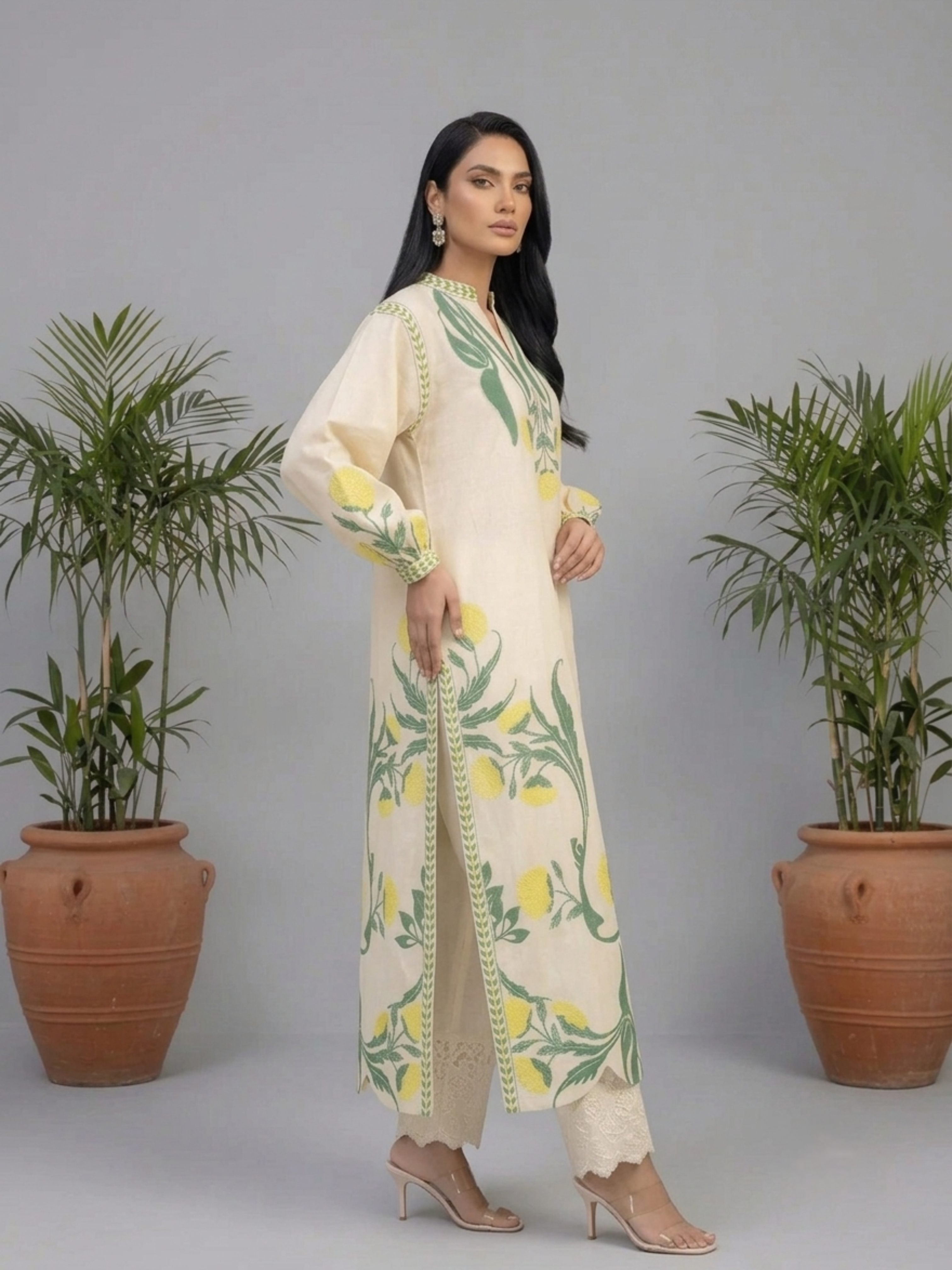Elegant Cream Floral Printed Long Kurta