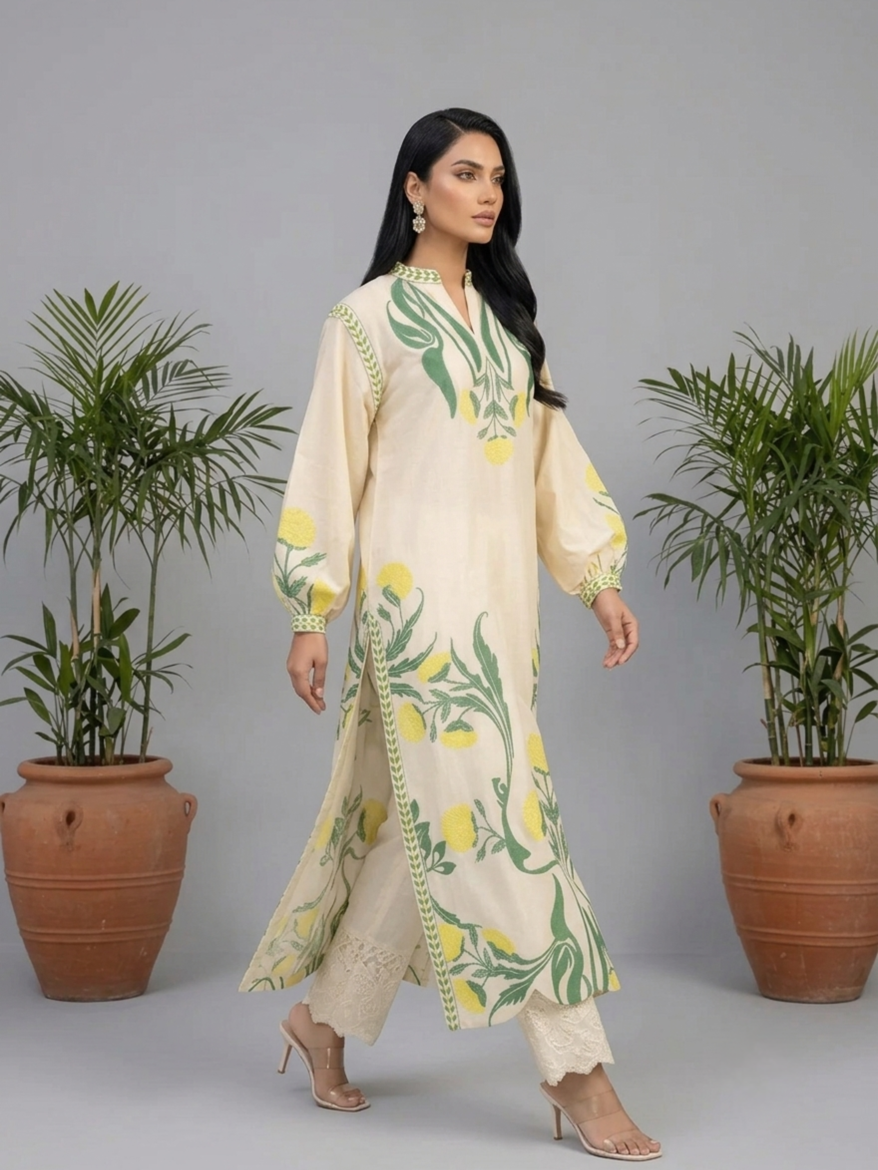 Elegant Cream Floral Printed Long Kurta