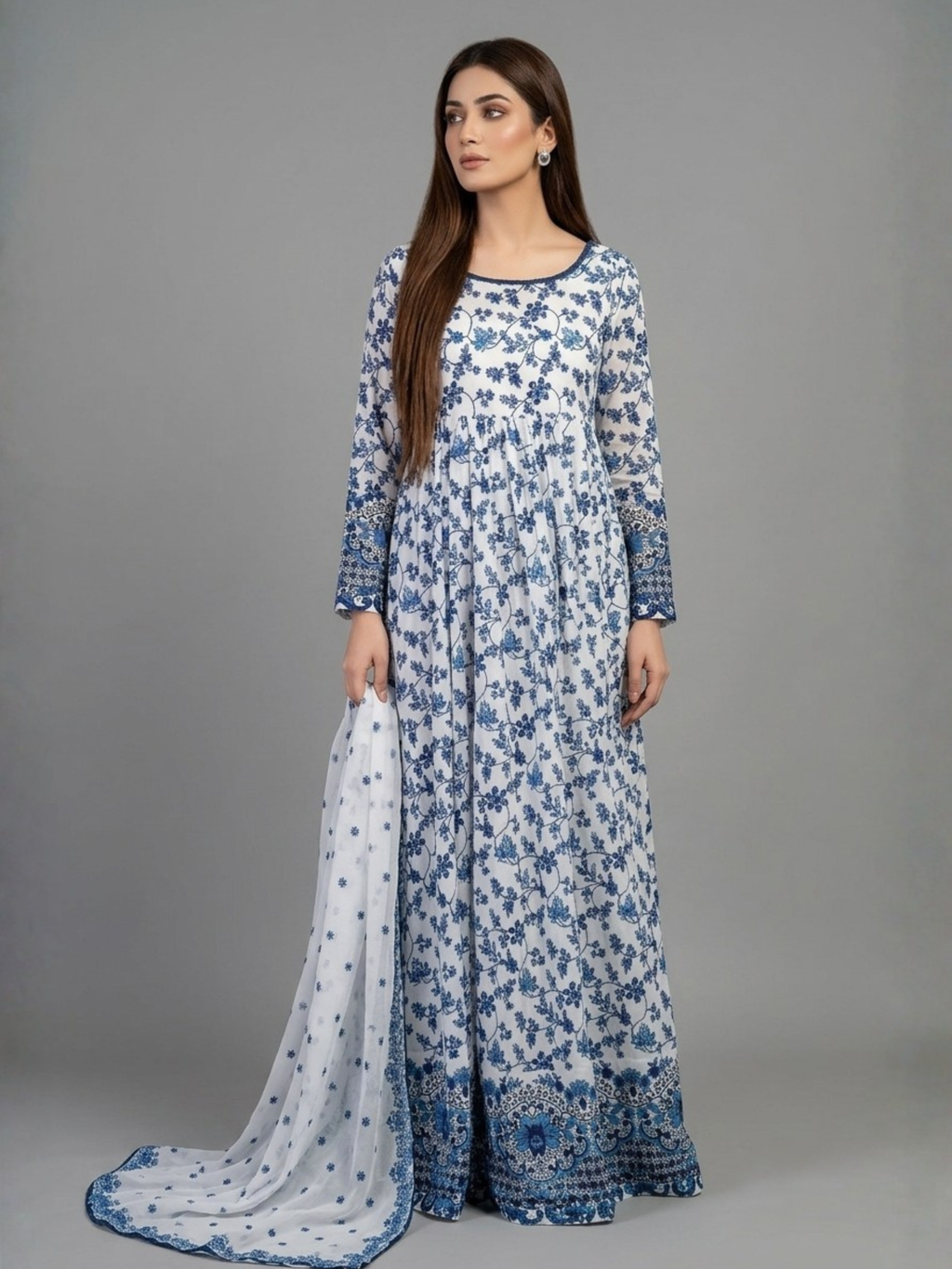 Elegant Blue & White Floral Printed 3-Piece