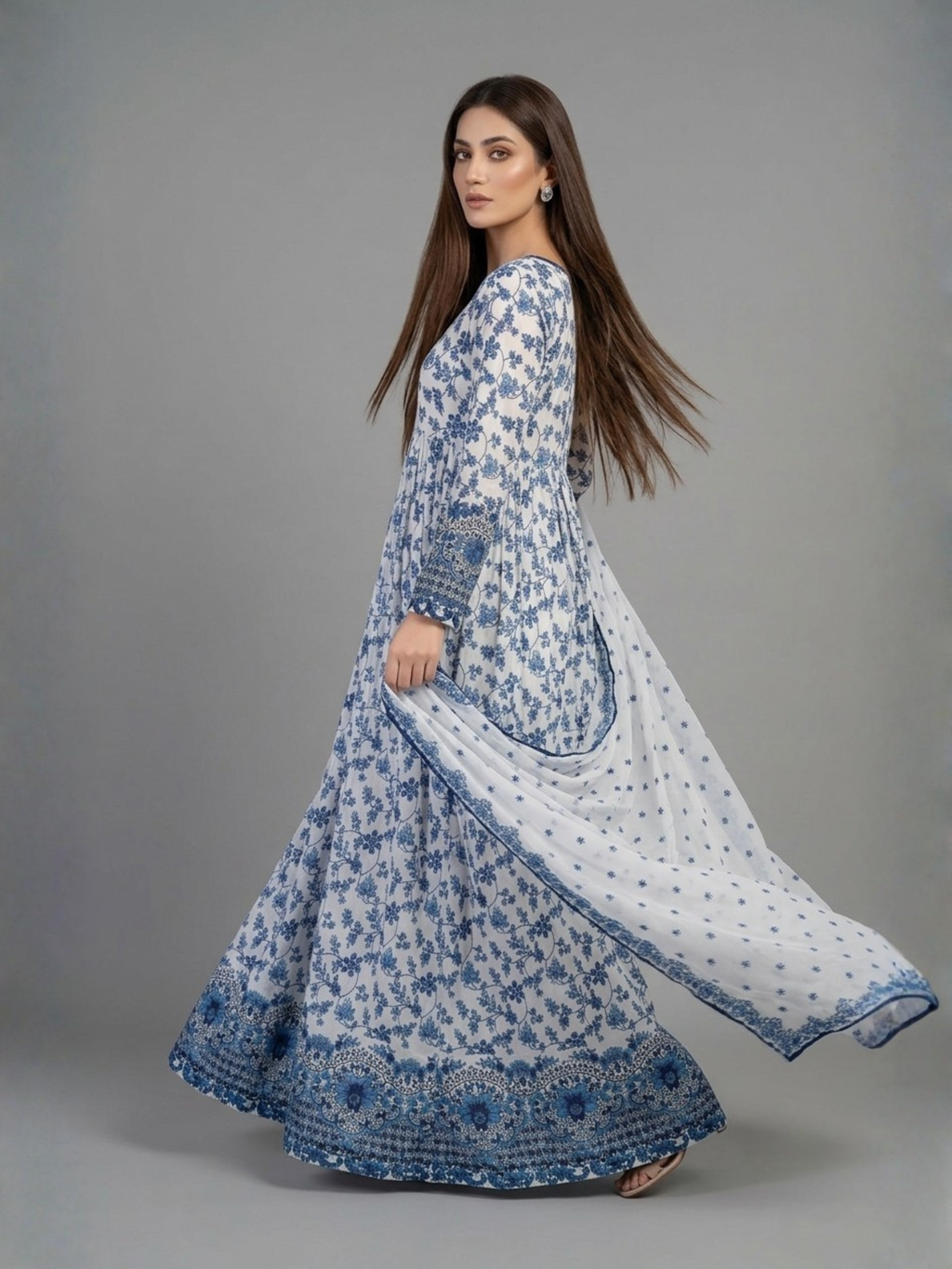 Elegant Blue & White Floral Printed 3-Piece
