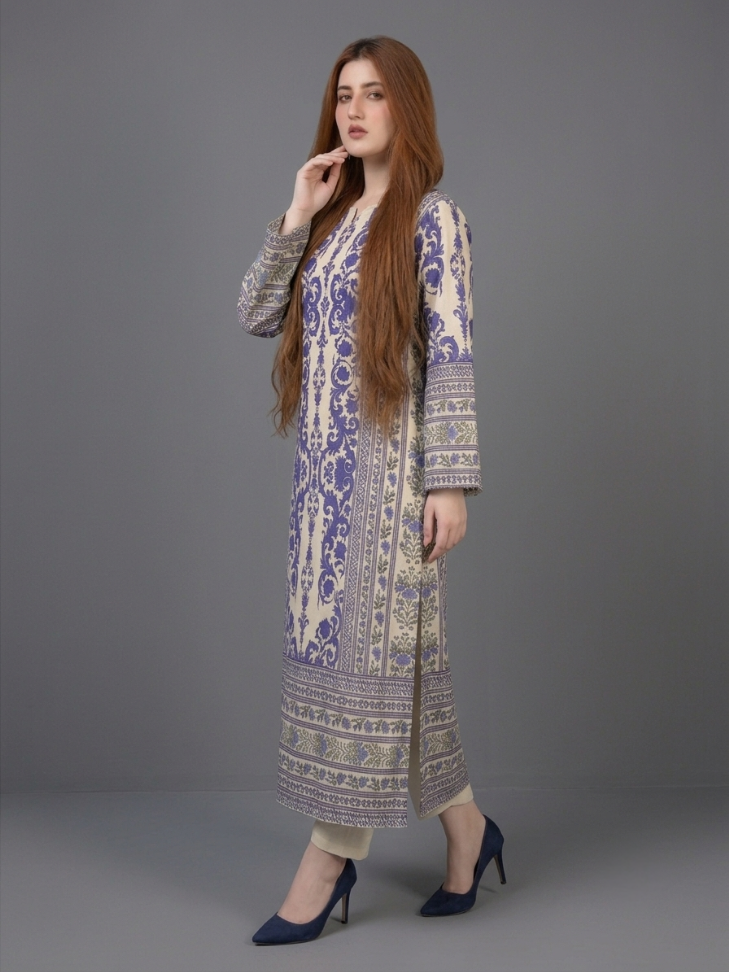 2pc Blue & White Printed Long Kurta Kaftan