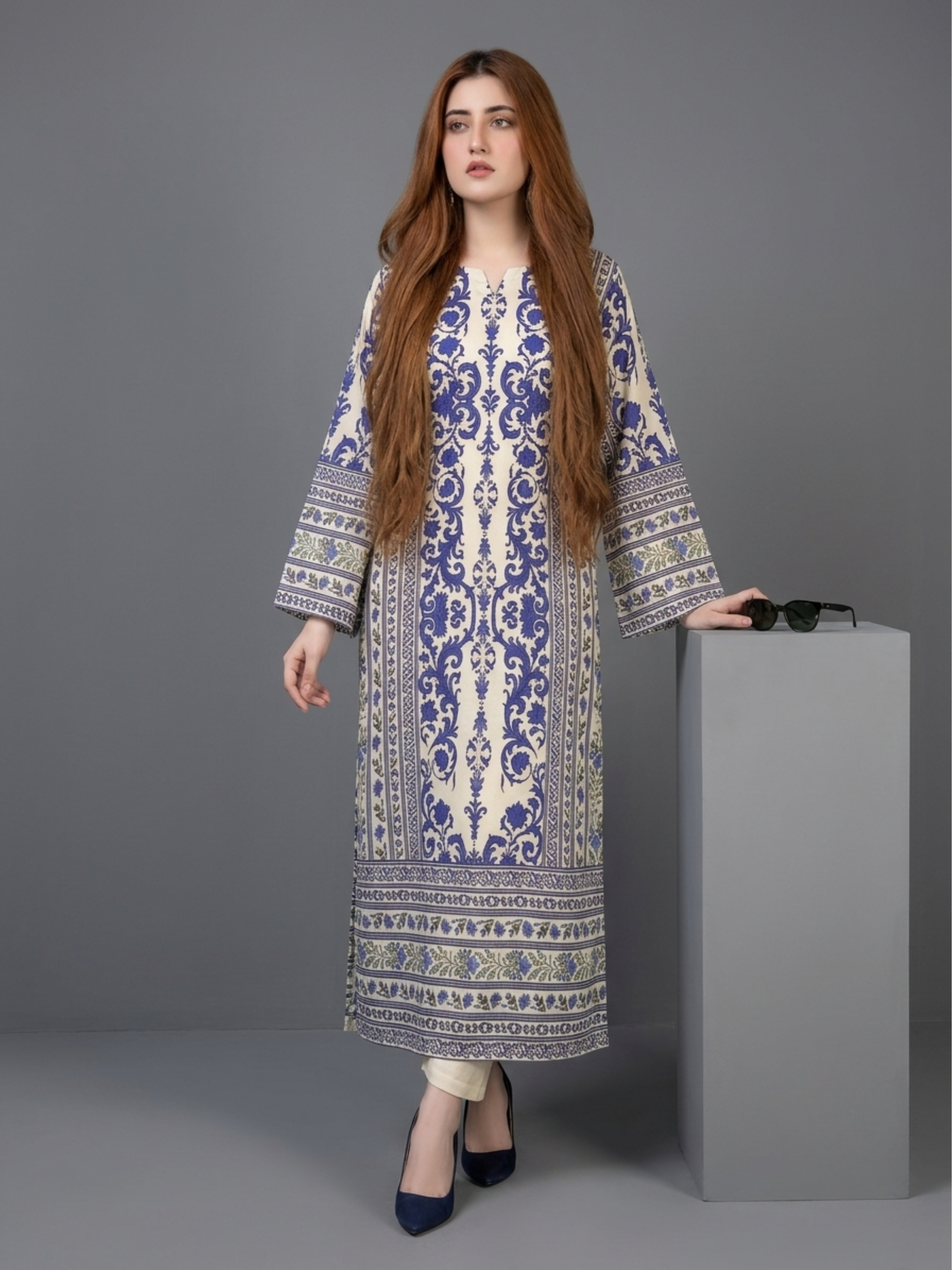 2pc Blue & White Printed Long Kurta Kaftan