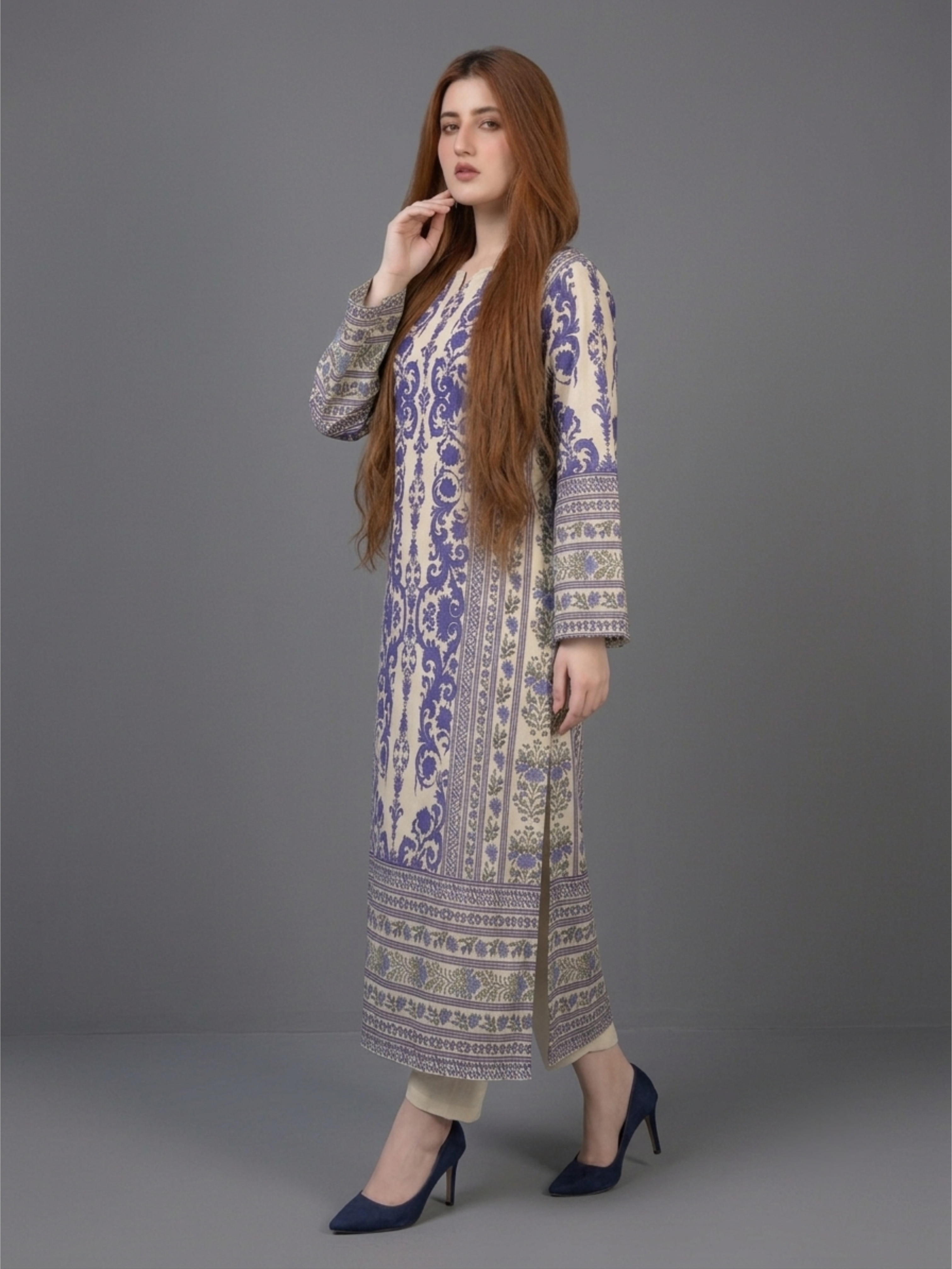 2pc Blue & White Printed Long Kurta Kaftan