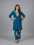 Elegant Teal Blue Embroidered 2-Piece Suit