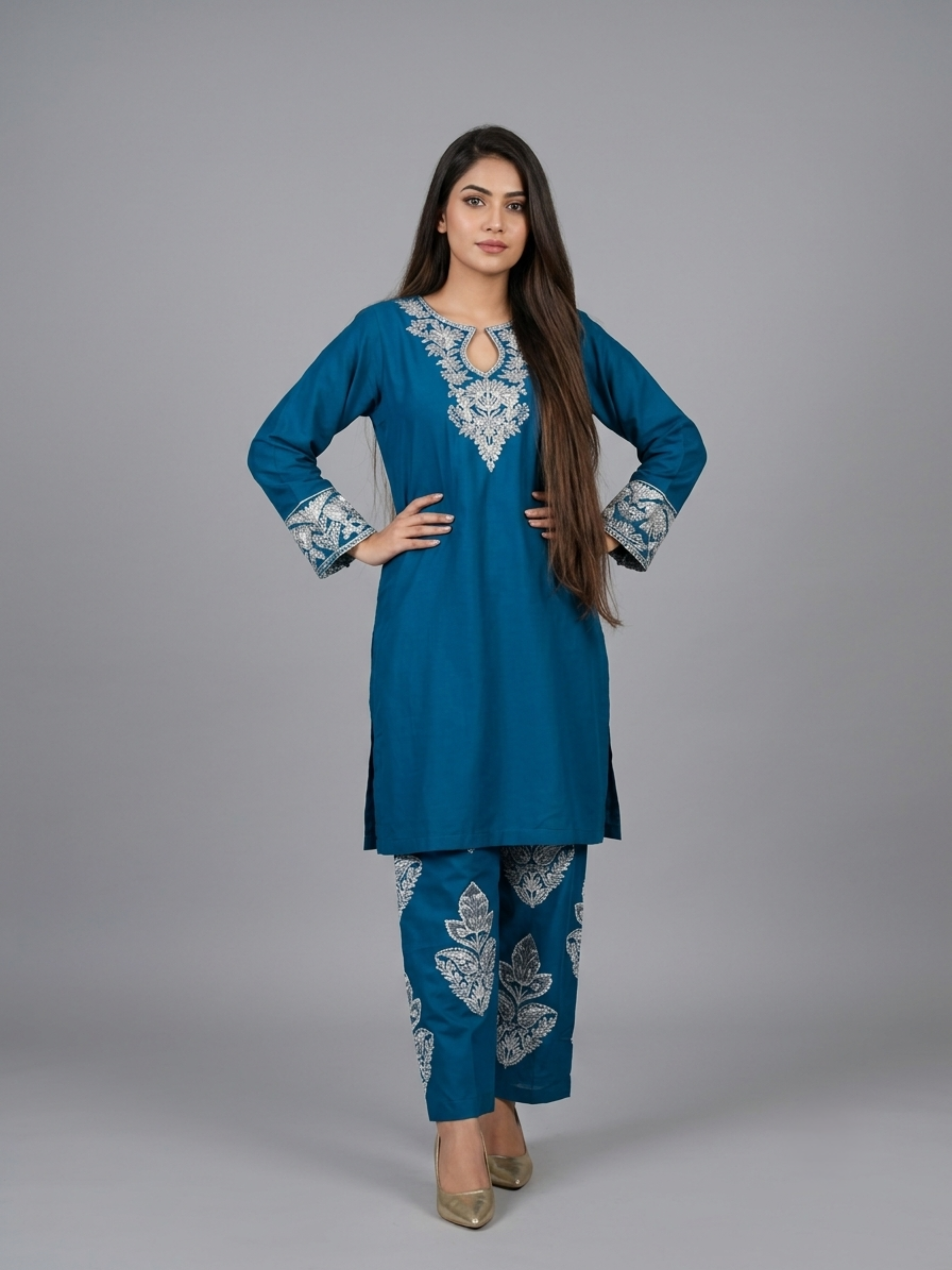 Elegant Teal Blue Embroidered 2-Piece Suit