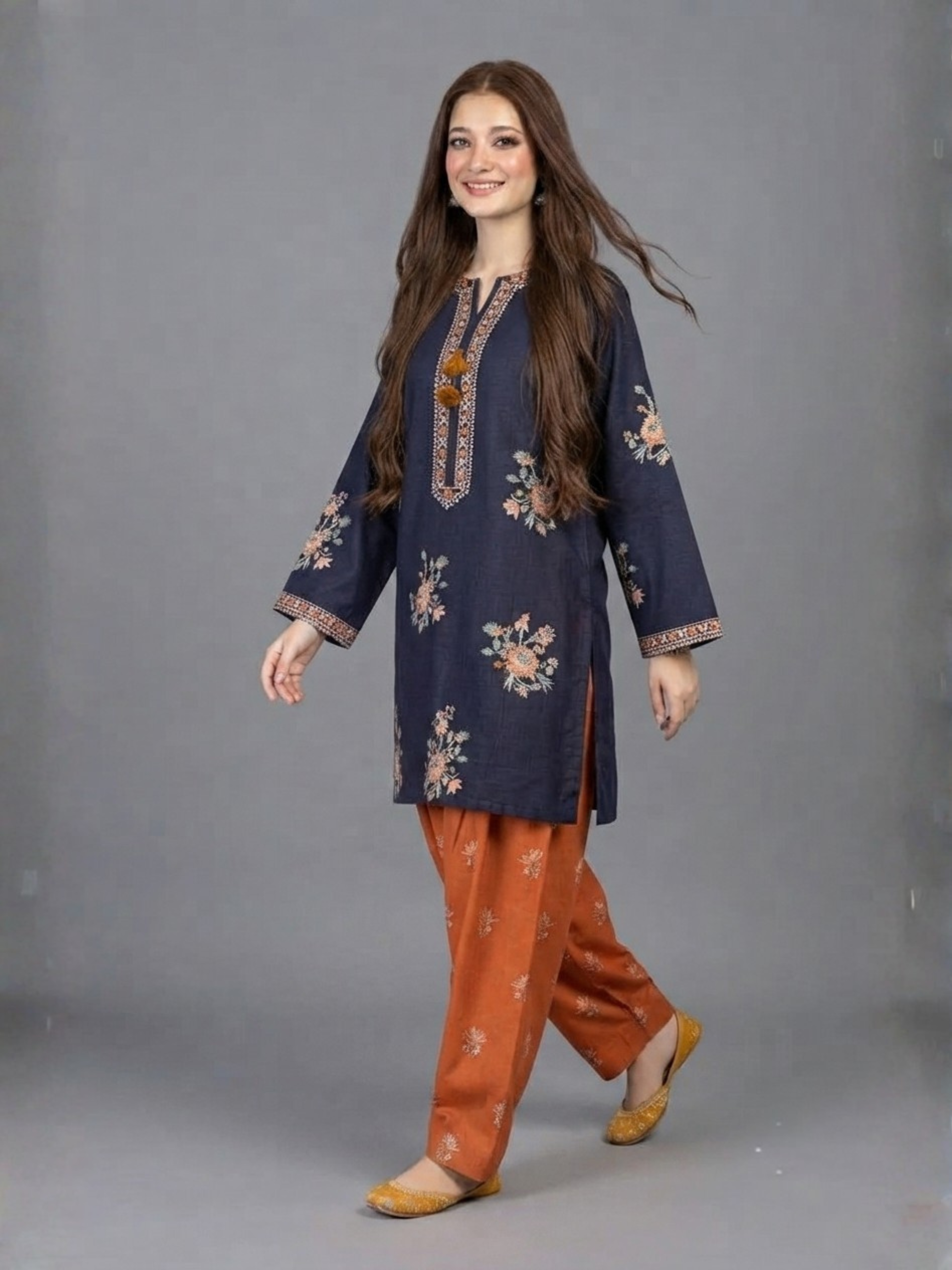 Elegant Navy Blue Embroidered 2-Piece Suit