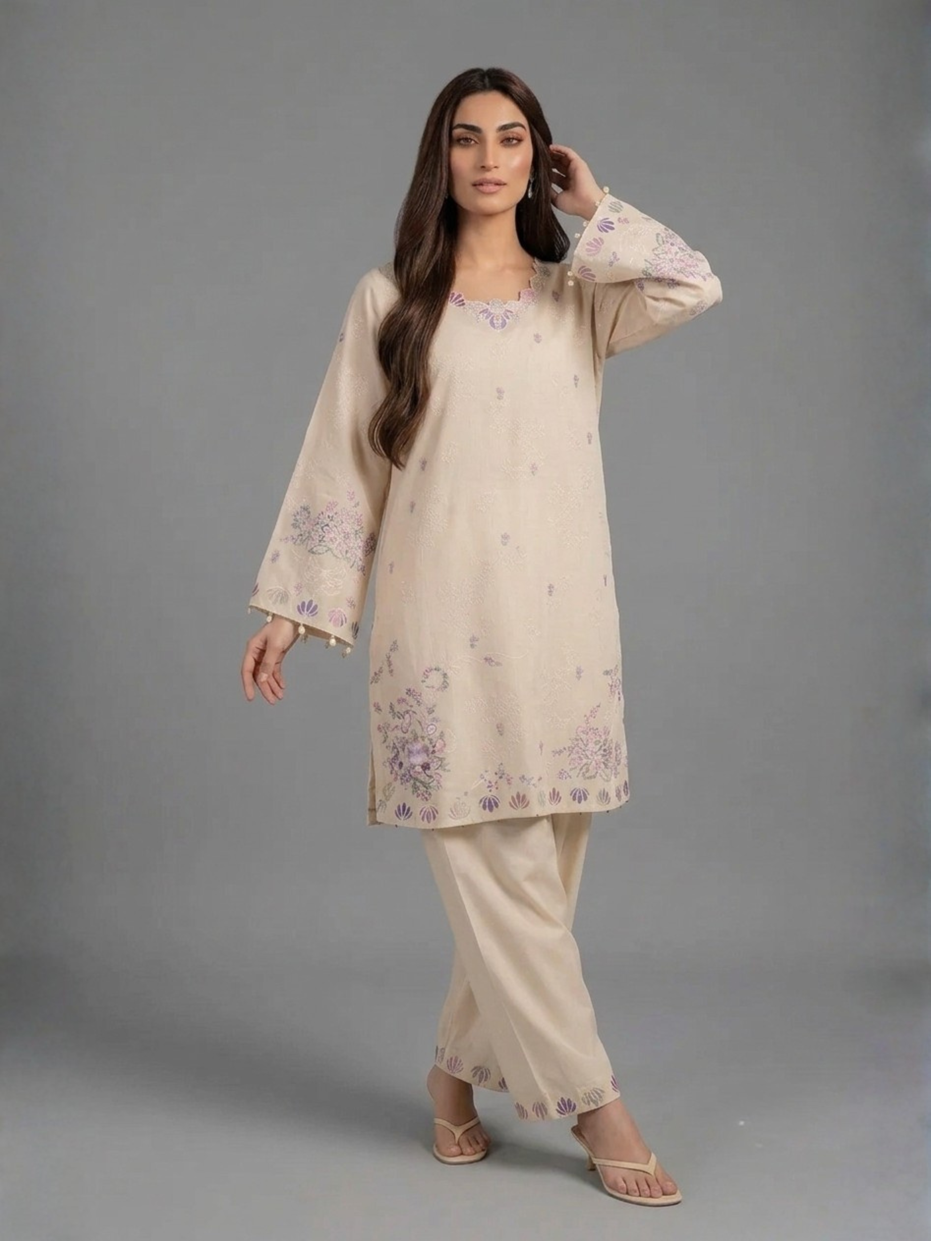 Ivory Floral Embroidered Lawn 2 Piece Suit for Women