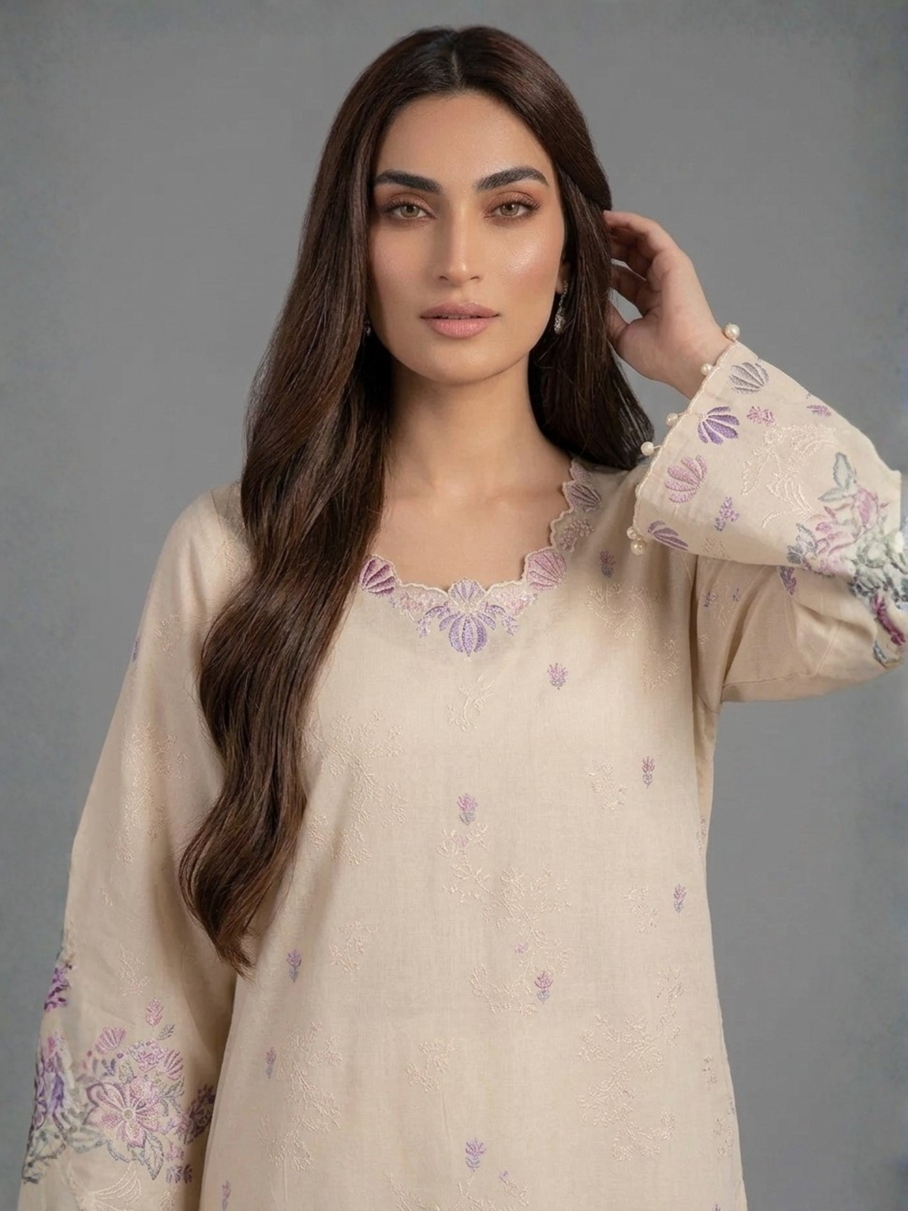 Ivory Floral Embroidered Lawn 2 Piece Suit for Women