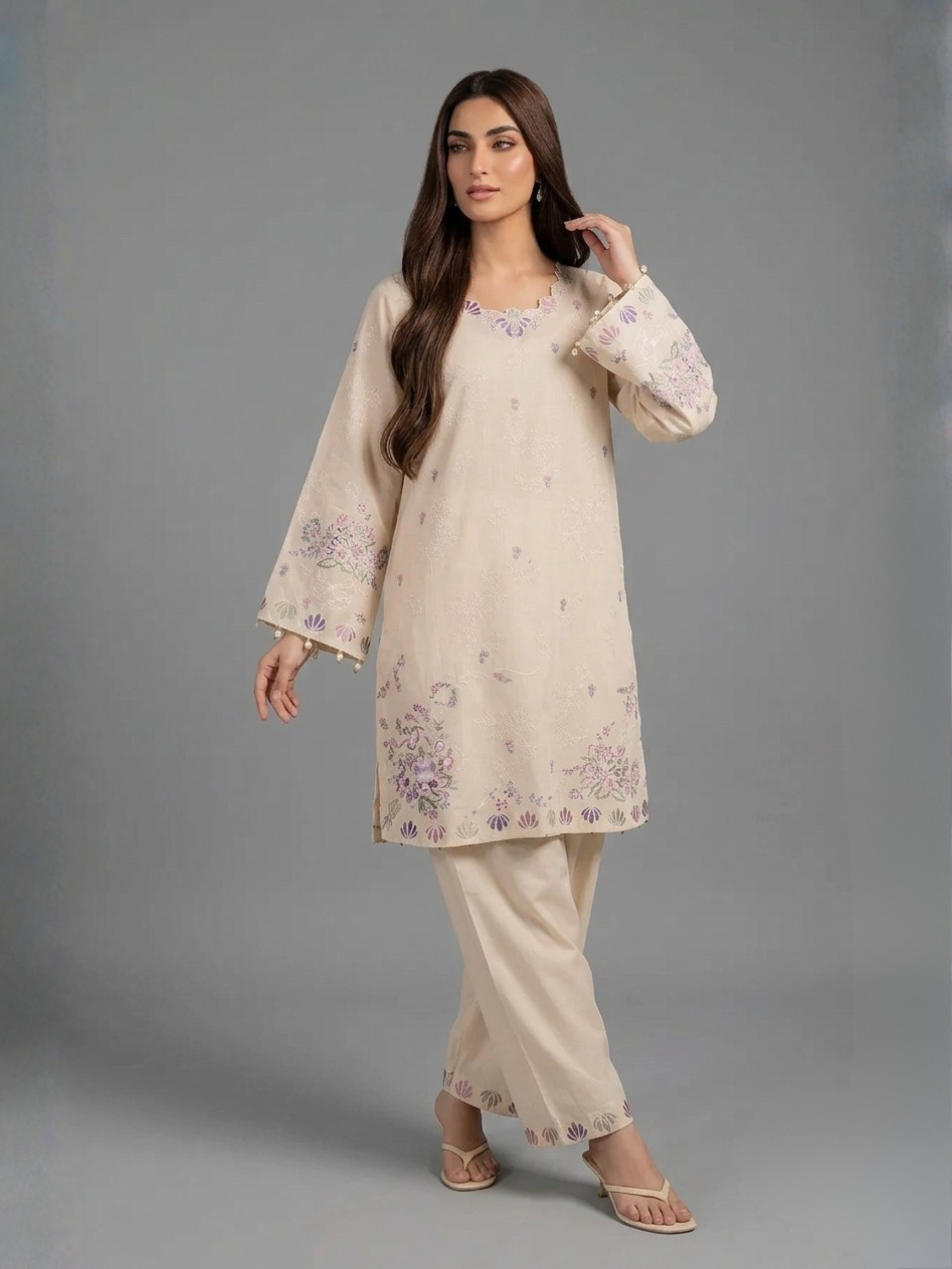 Ivory Floral Embroidered Lawn 2 Piece Suit for Women