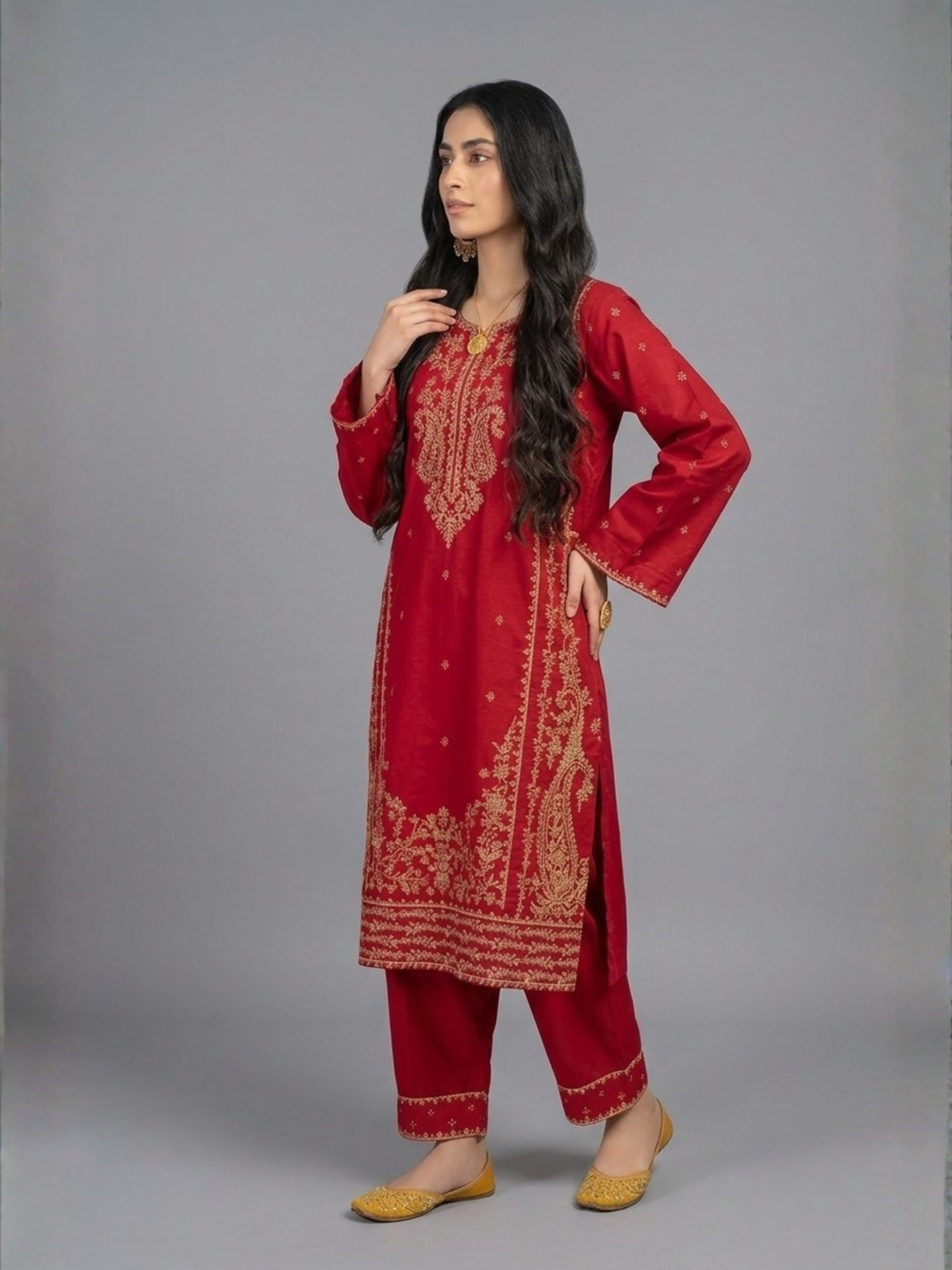 Elegant Ruby Red Embroidered 3-Piece