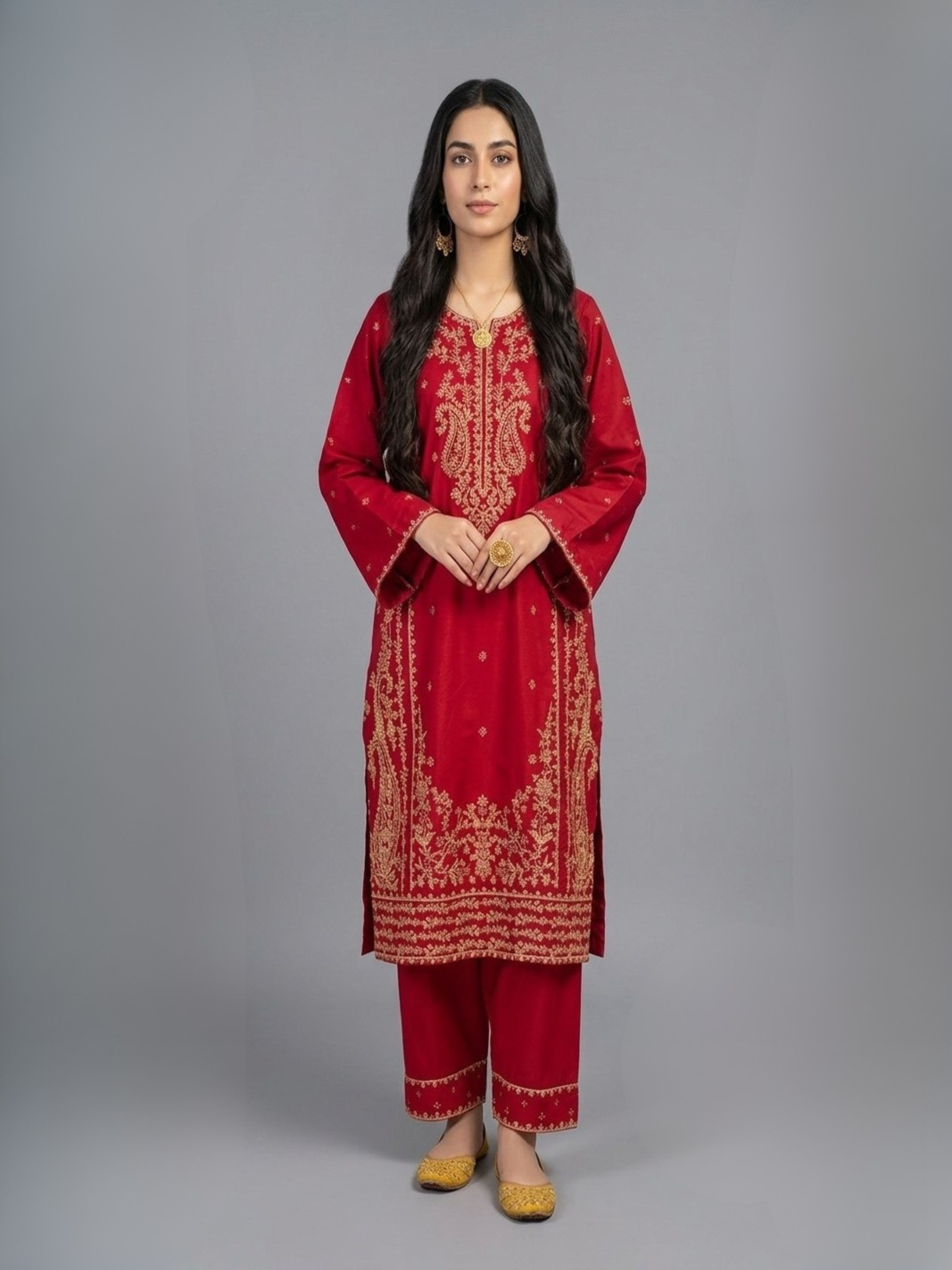 Elegant Ruby Red Embroidered 3-Piece