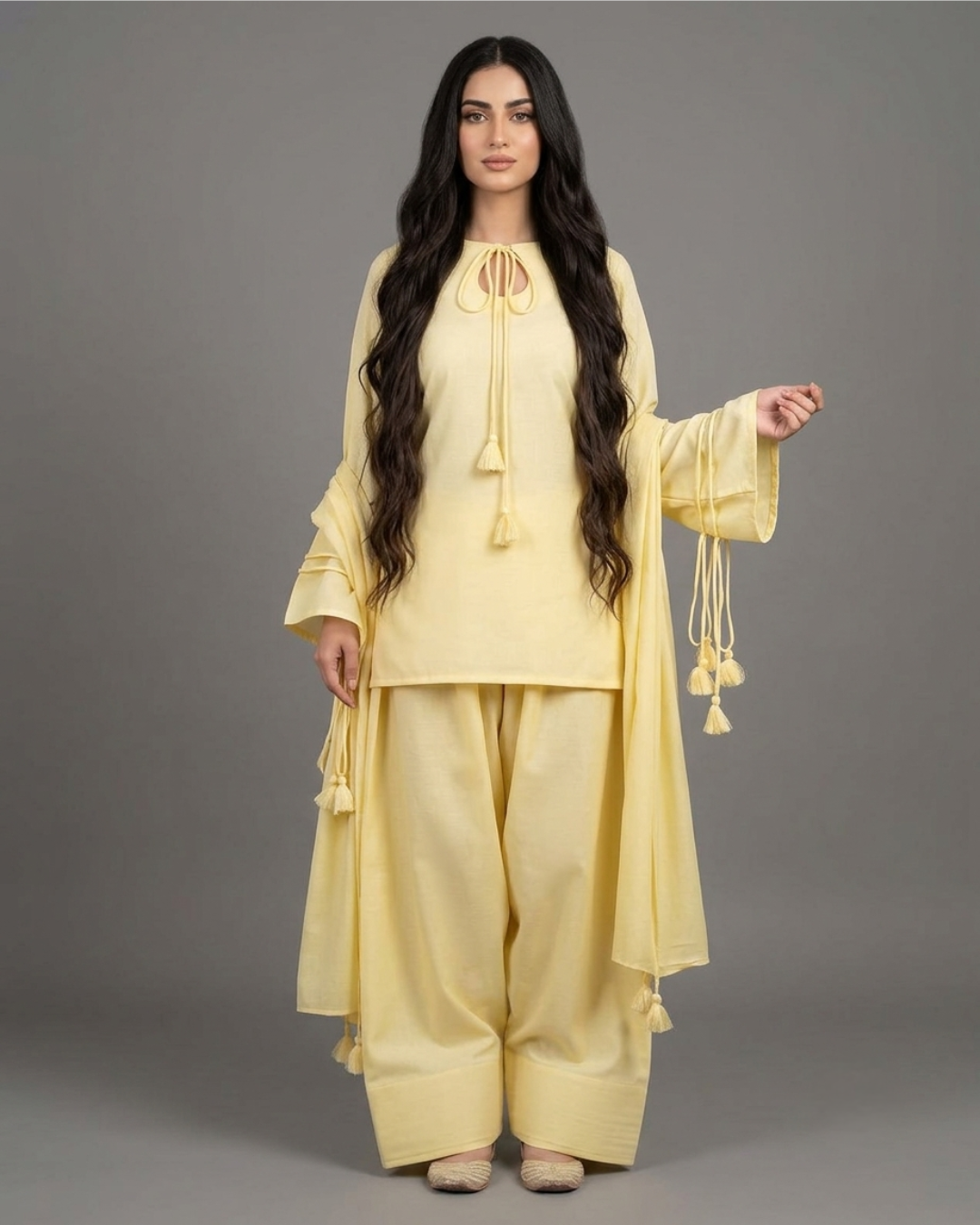 3PC- Golden Kurta Set Elegant Light Yellow Co-Ord Set