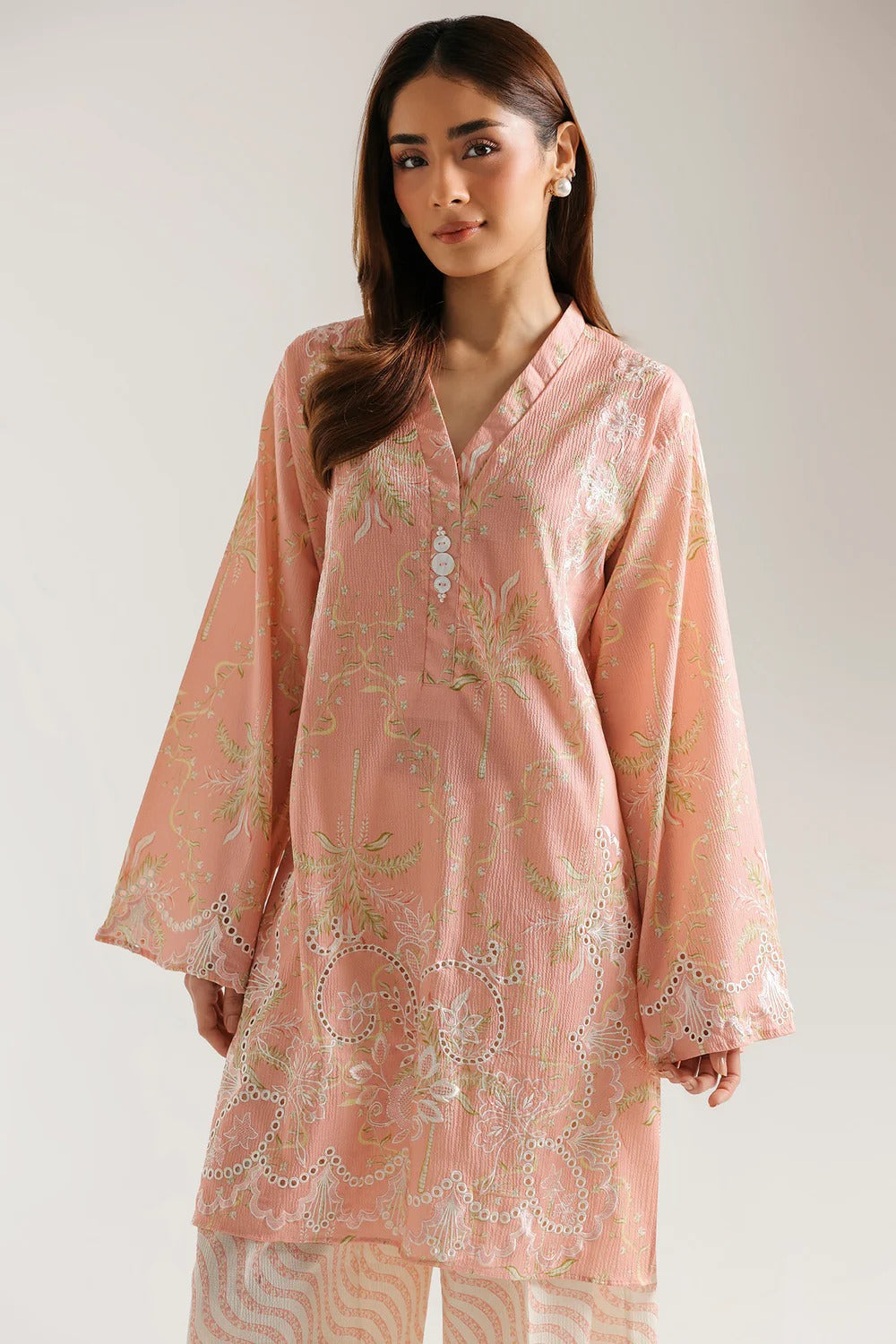 Peach Embroidered Lawn Kurta with Printed Trouser