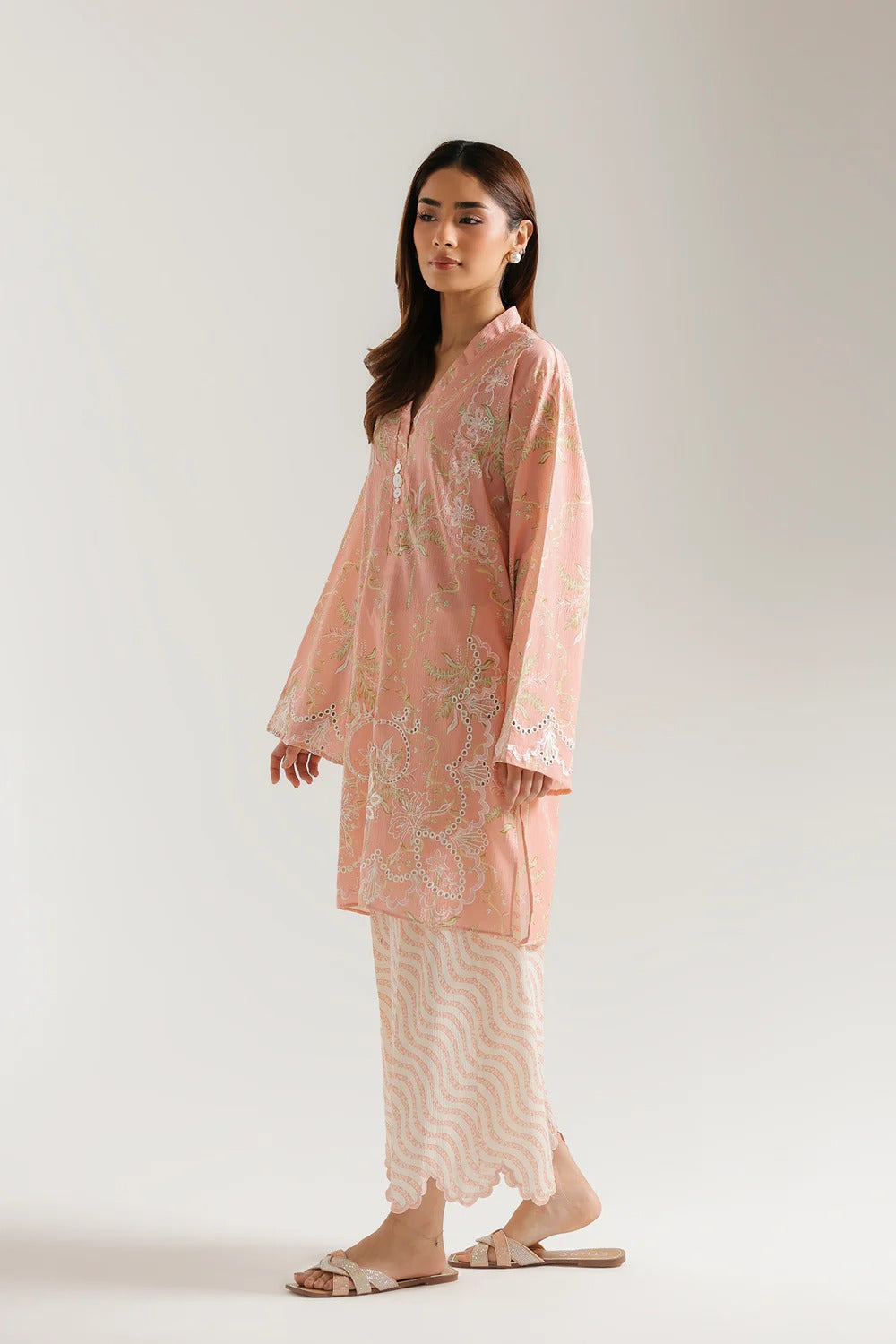 Peach Embroidered Lawn Kurta with Printed Trouser